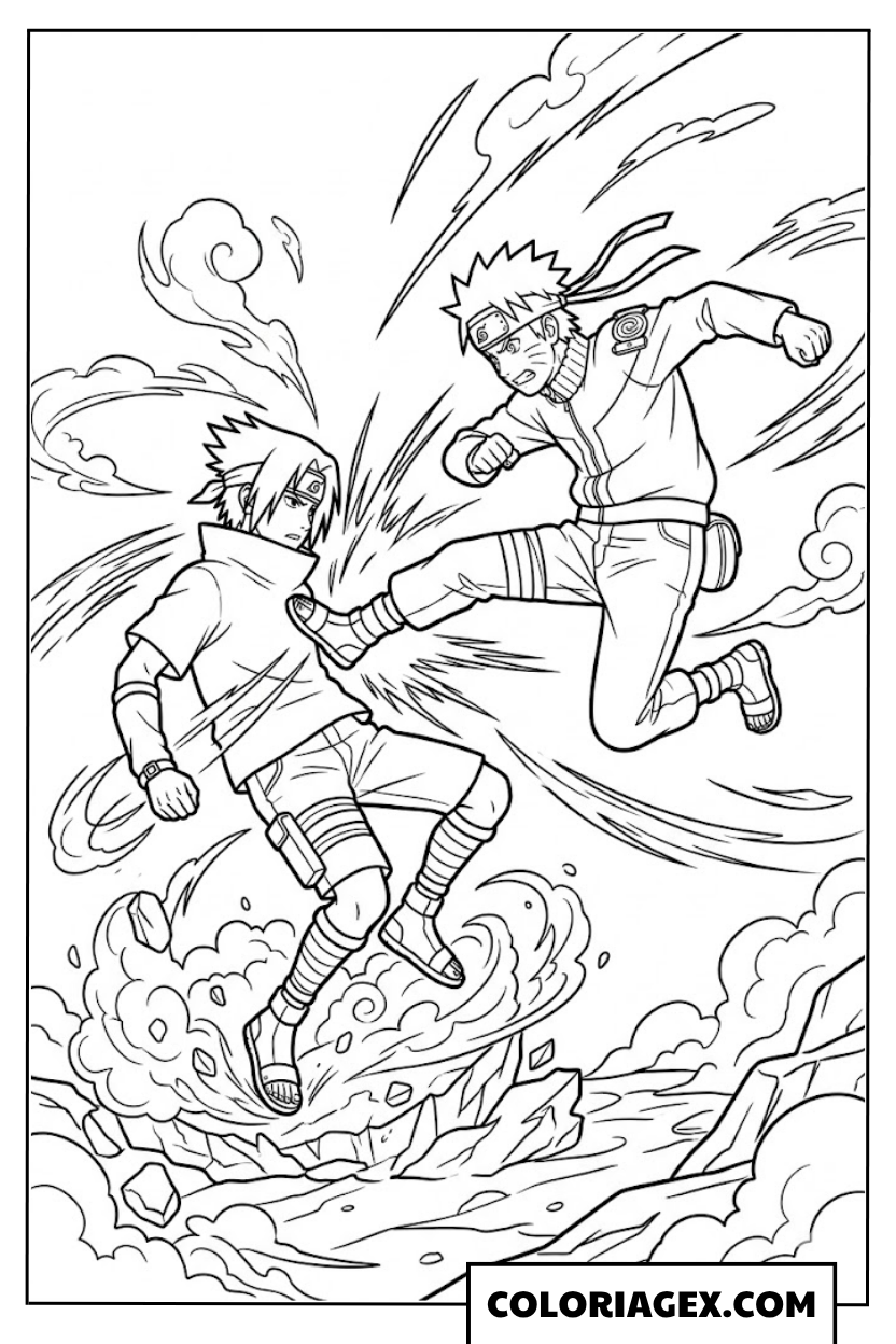 Naruto attaque avec un coup de pied à colorier
