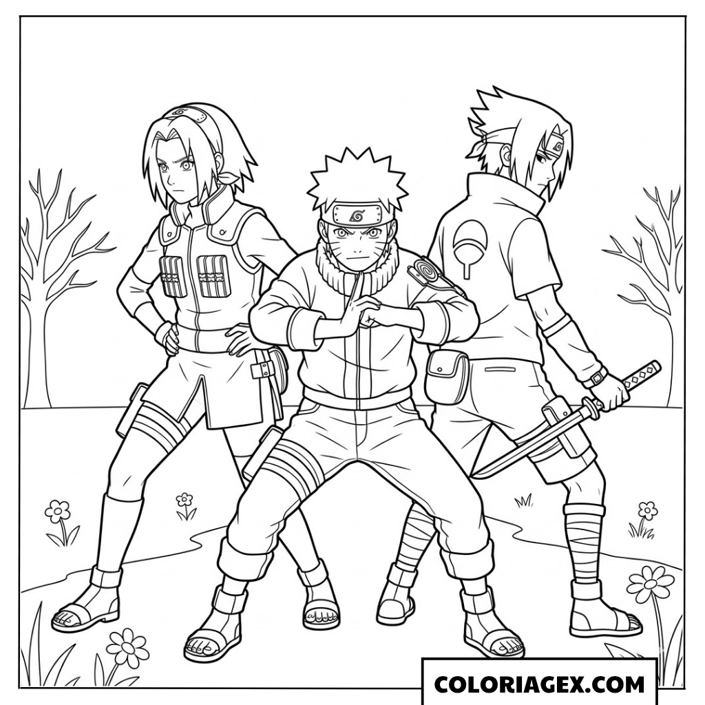 Naruto avec Sakura et Sasuke à colorier