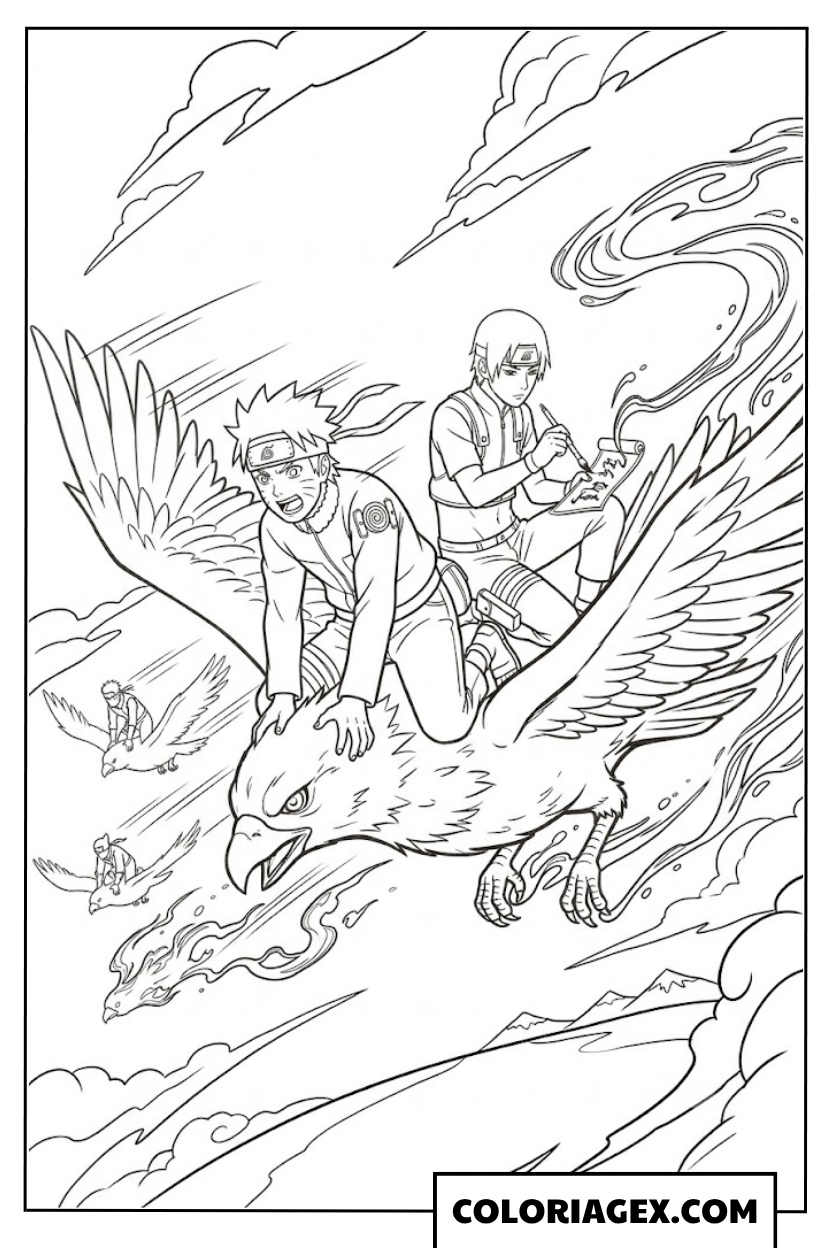 Naruto chevauche un oiseau géant à colorier