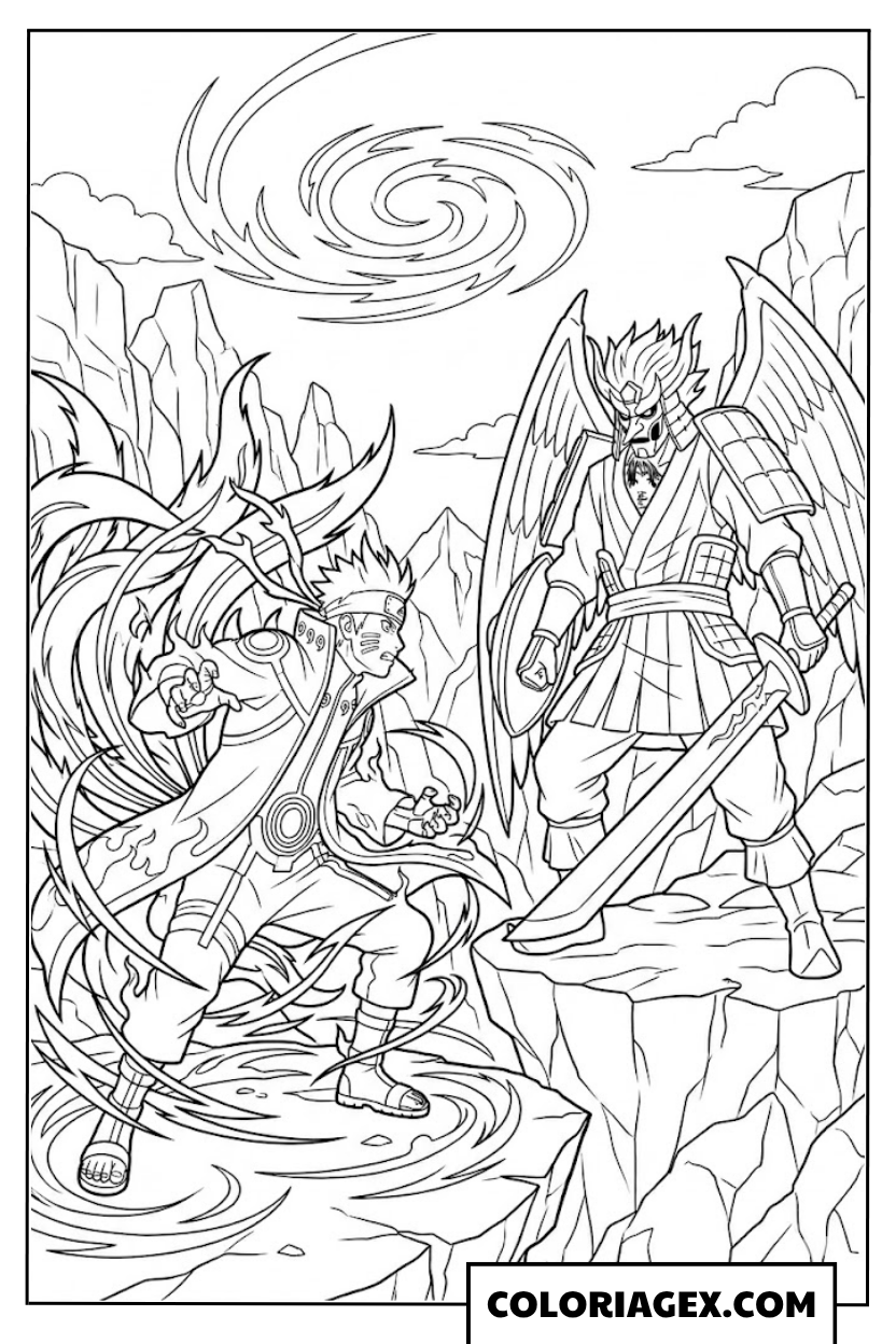 Naruto contre l’ennemi géant à colorier