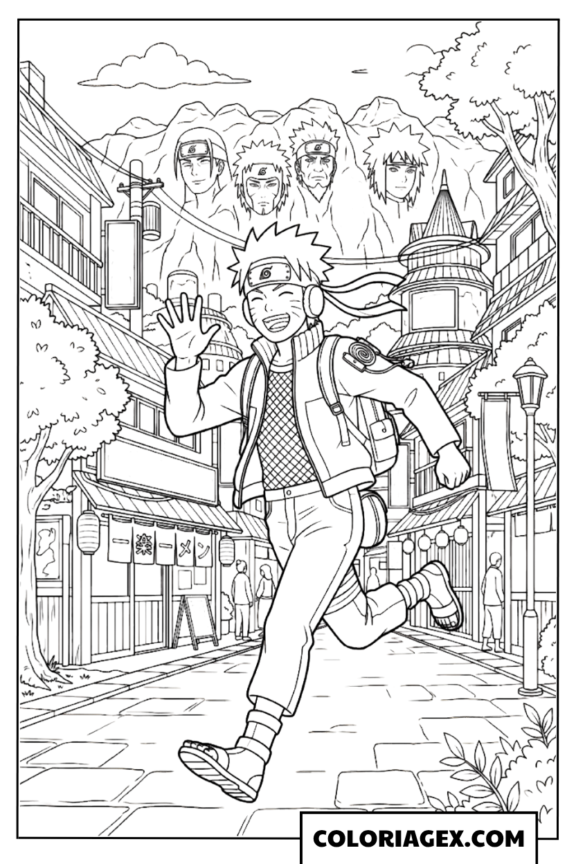 Naruto court dans le village à colorier