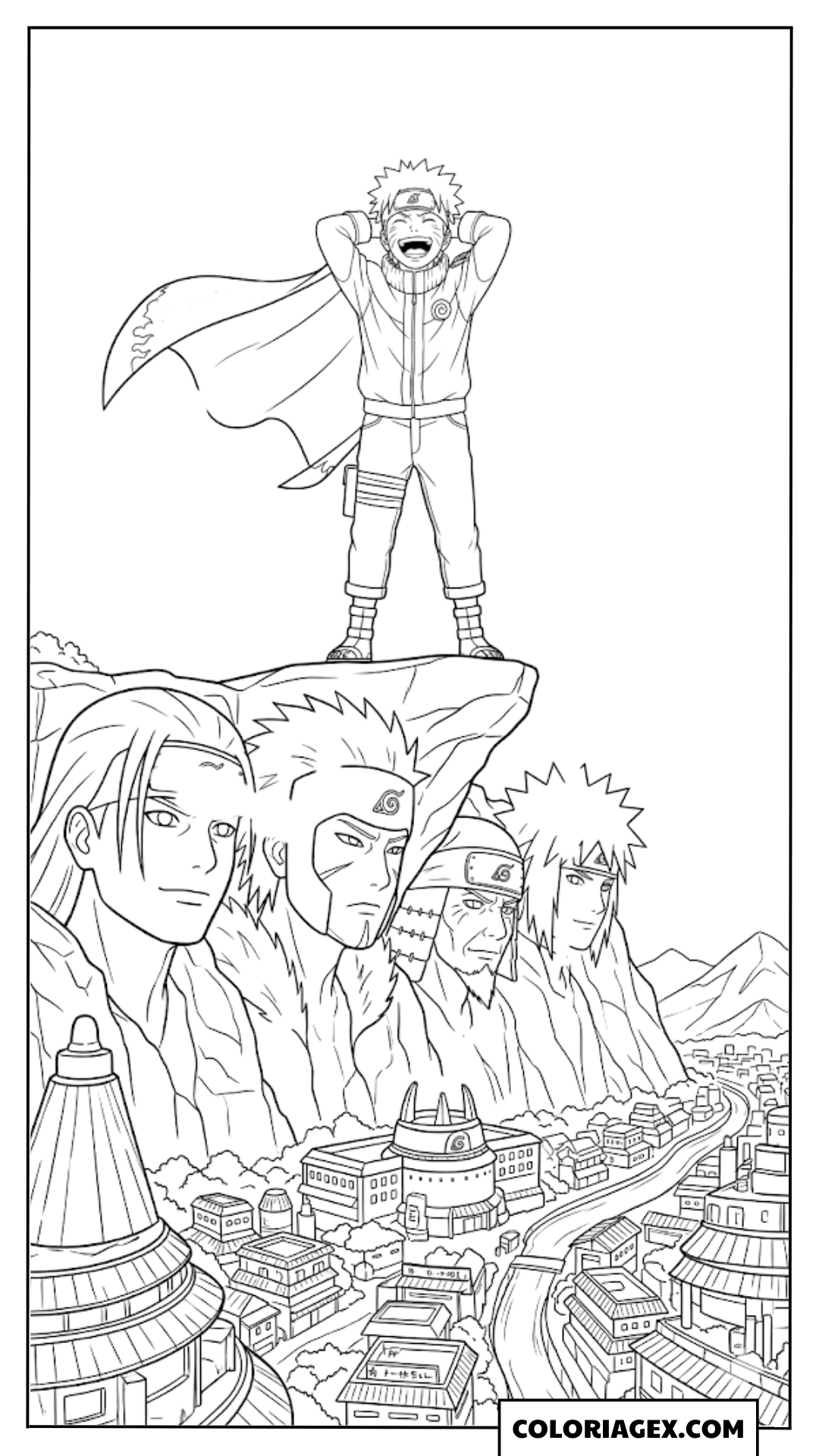 Naruto devant les visages des Hokage à colorier