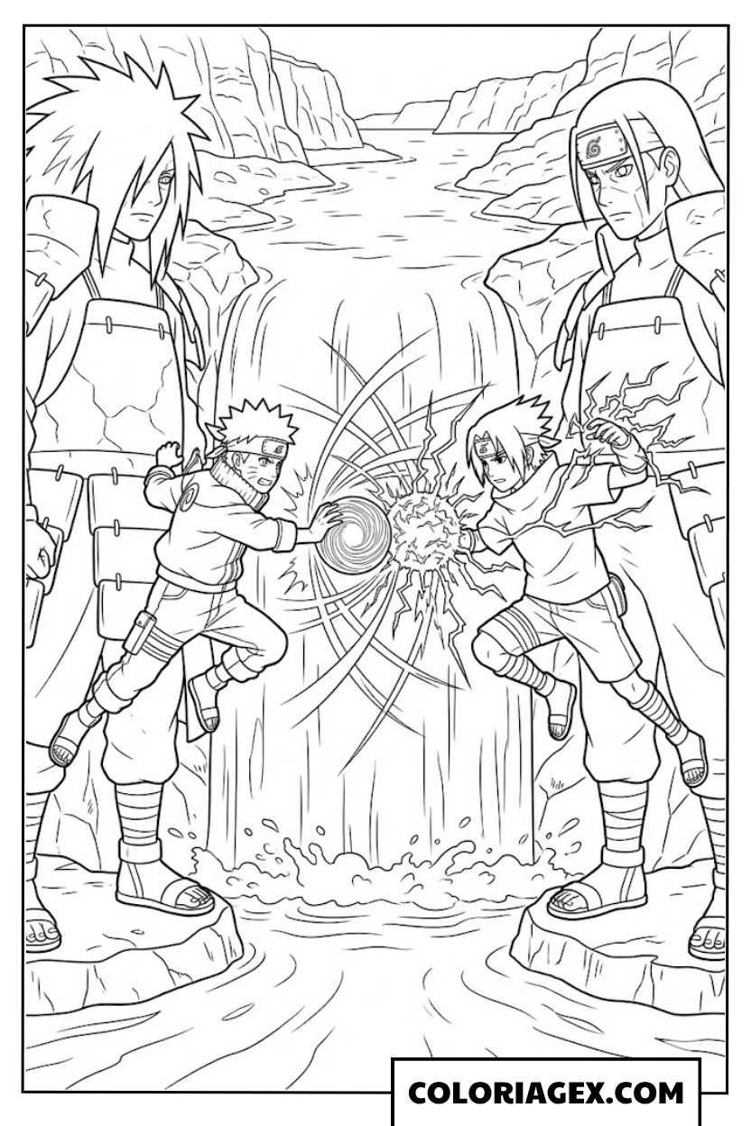 Naruto et Sasuke en combat à colorier