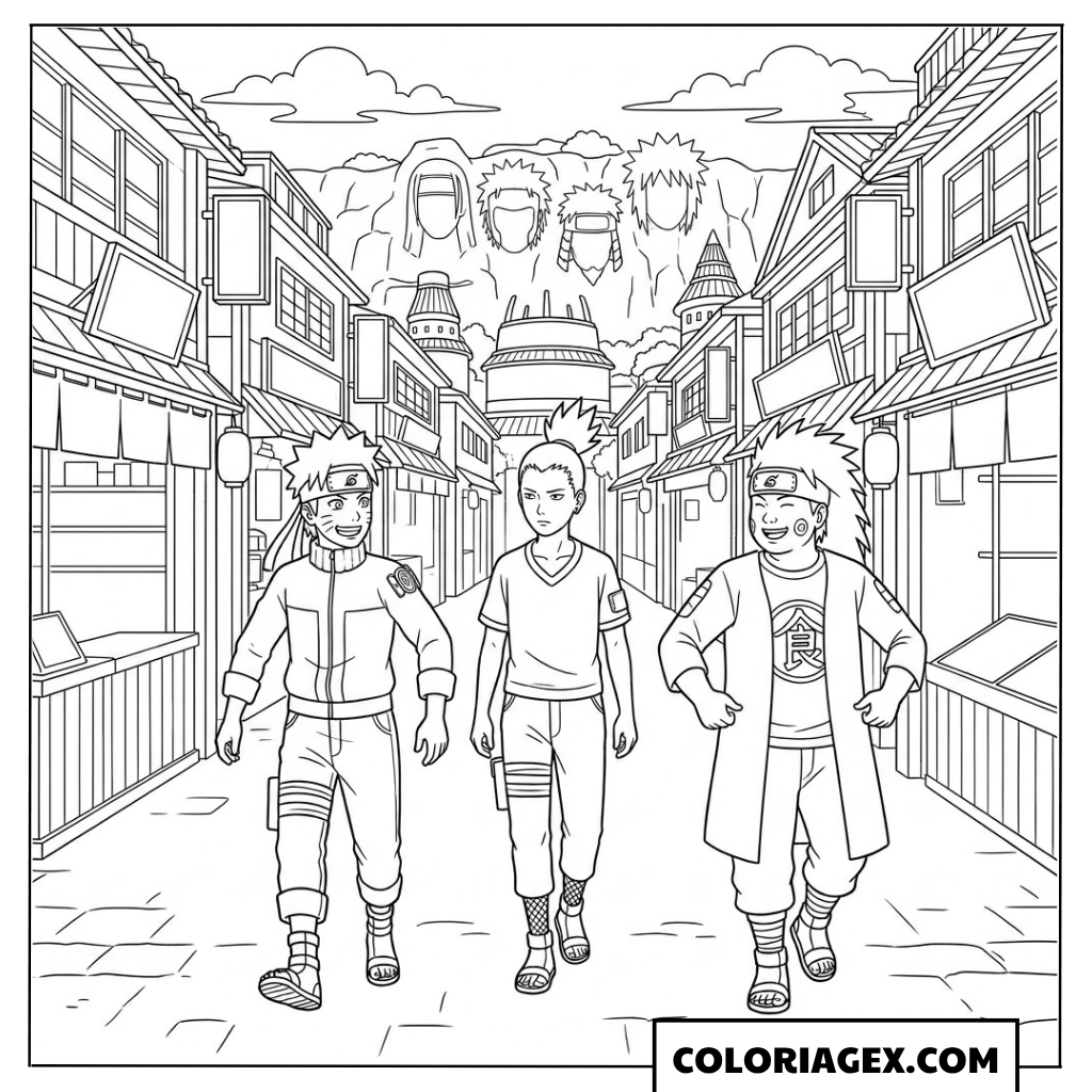 Naruto et ses amis marchent dans le village à colorier