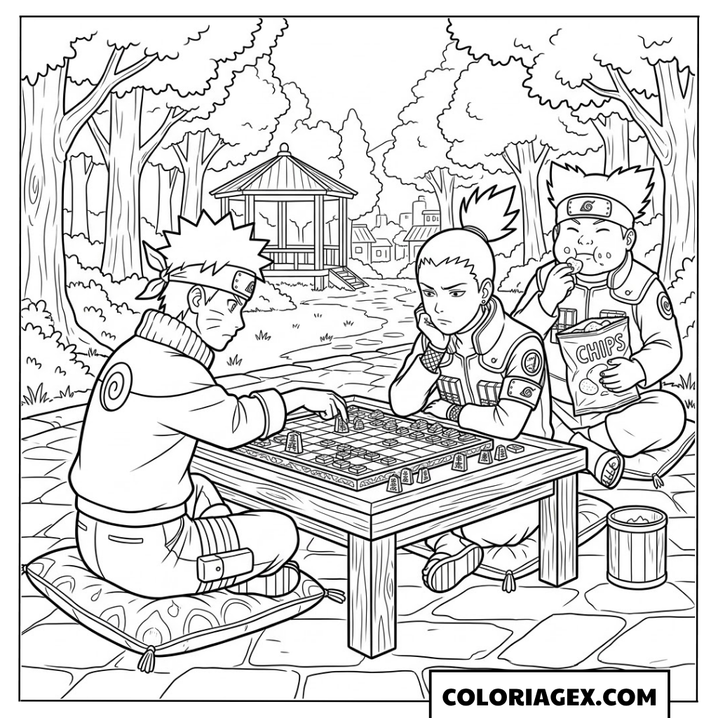 Naruto joue au shogi avec ses amis à colorier
