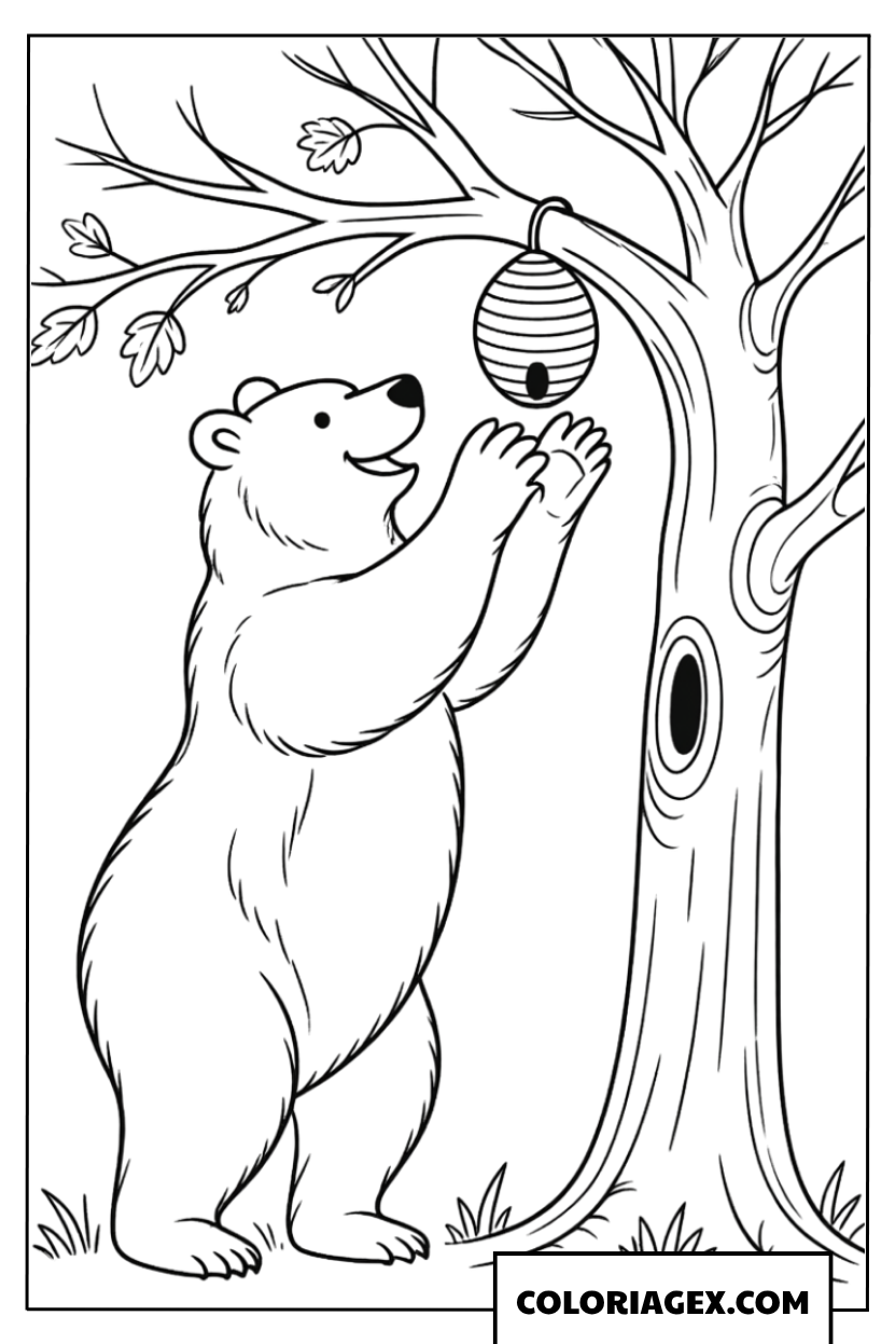 Ours attrape la ruche dans l’arbre à colorier
