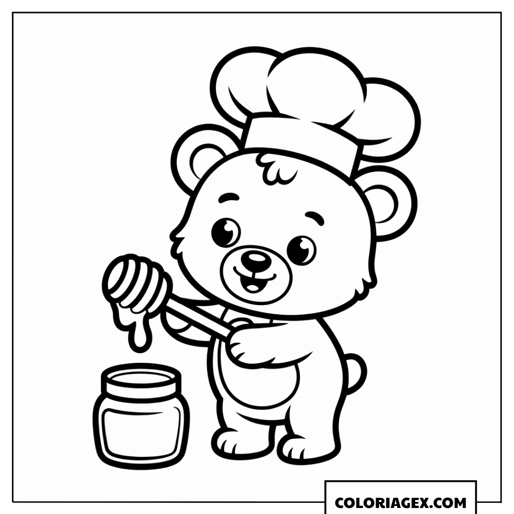 Ours chef cuisinier avec miel à colorier
