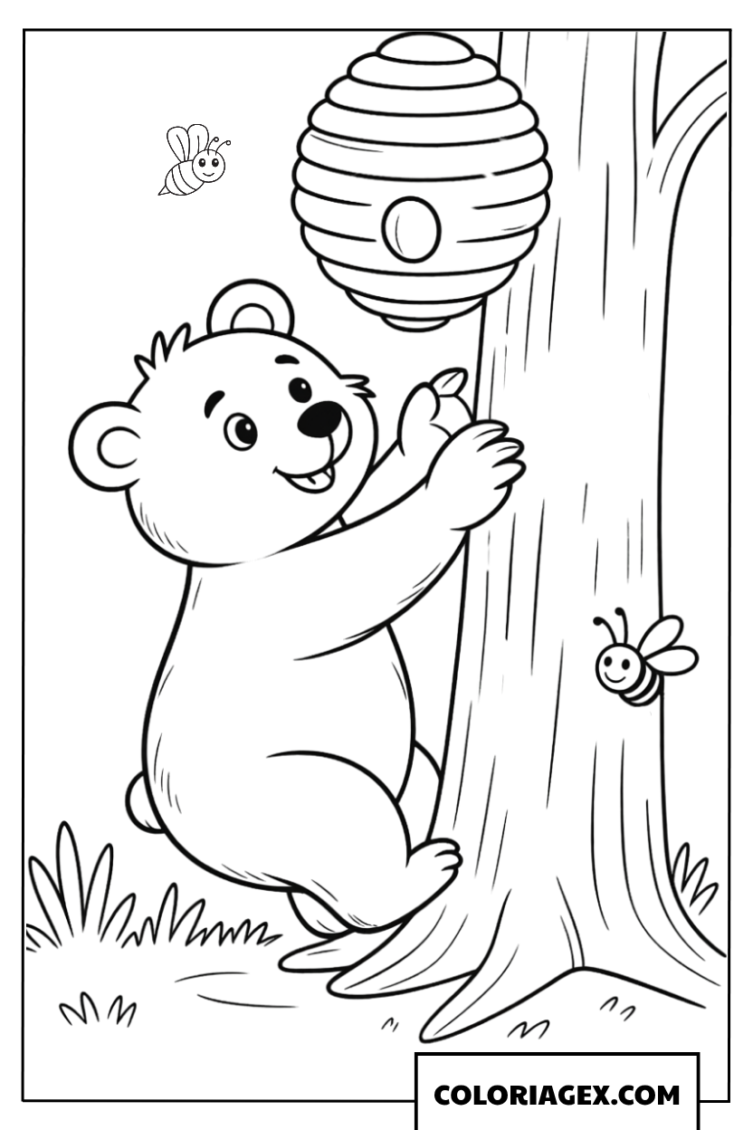 Ours grimpe à l’arbre pour la ruche à colorier