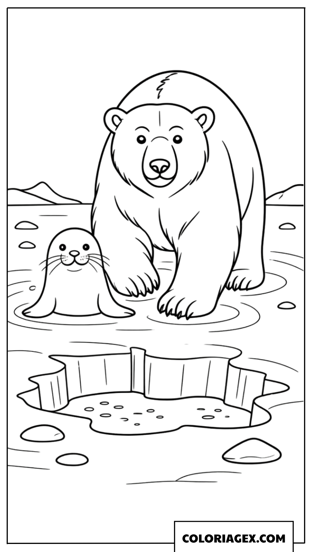 Ours polaire avec bébé phoque à colorier