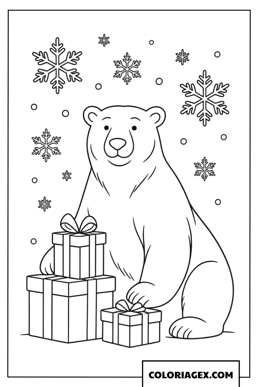 Ours polaire avec cadeaux de Noël à colorier