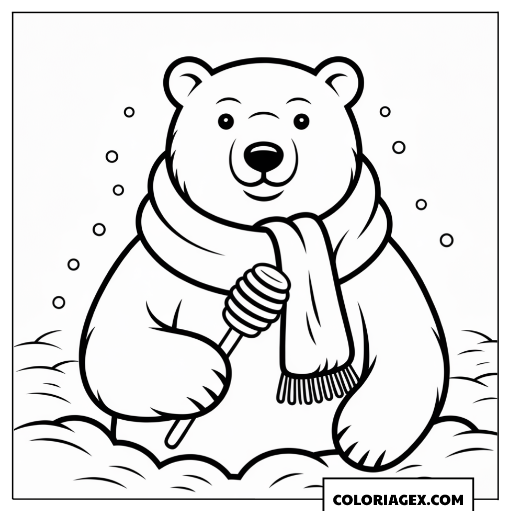 Ours polaire avec écharpe dans la neige à colorier