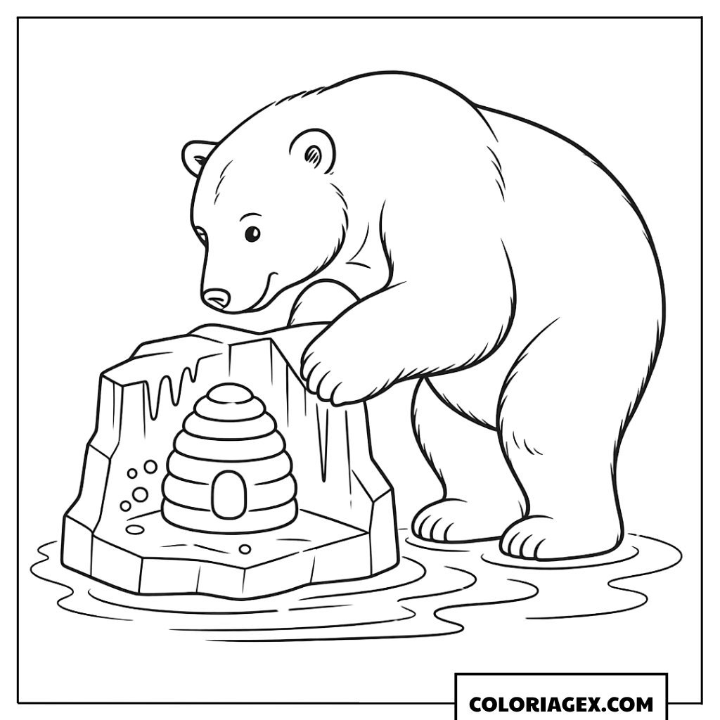 Ours polaire avec ruche sur la glace à colorier