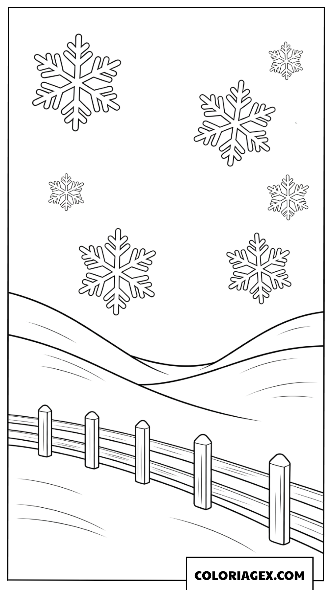 Page de coloriage de champs enneigés et clôtures en bois rustiques