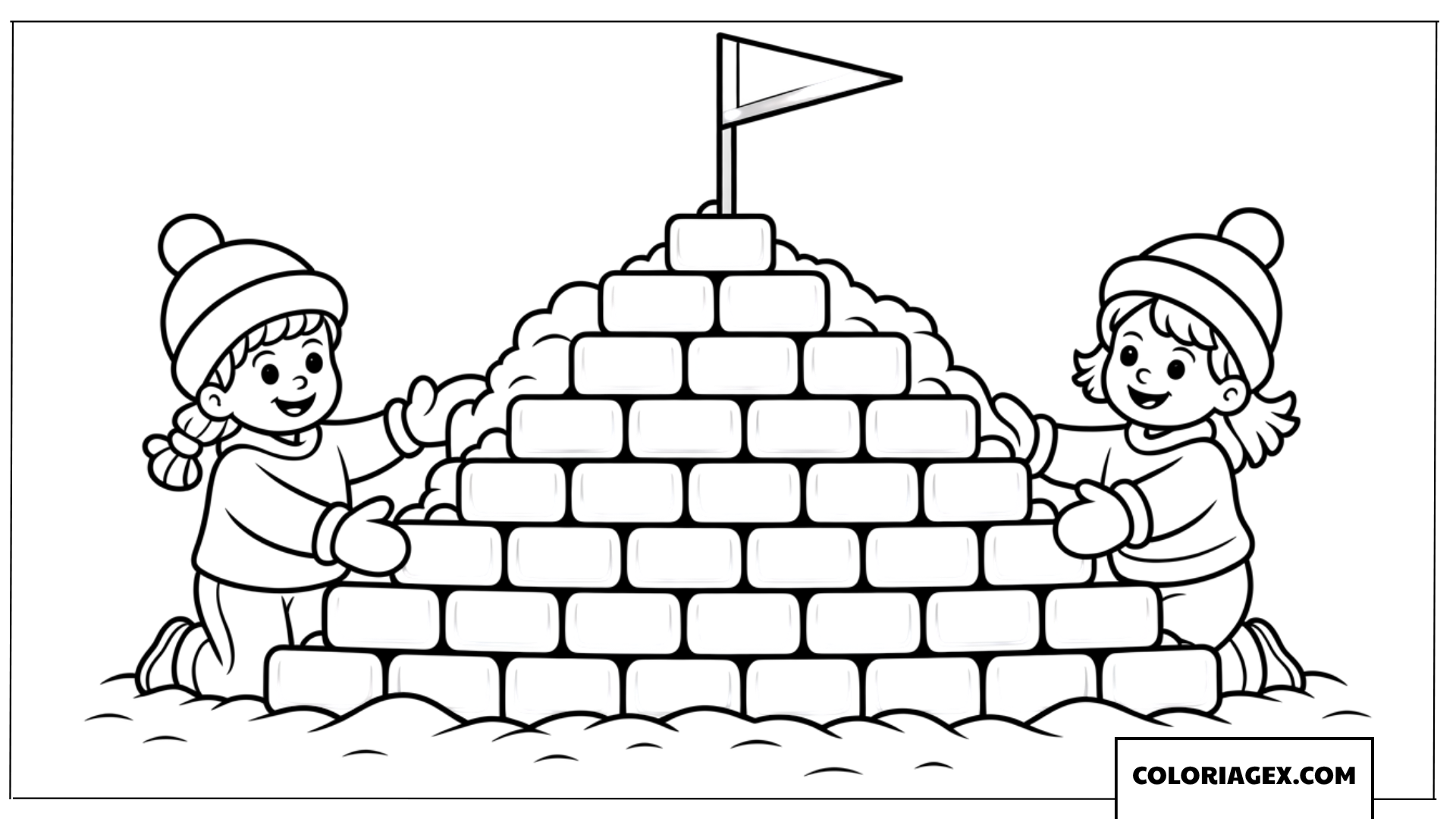 Page de coloriage de deux enfants construisant une forteresse de glace