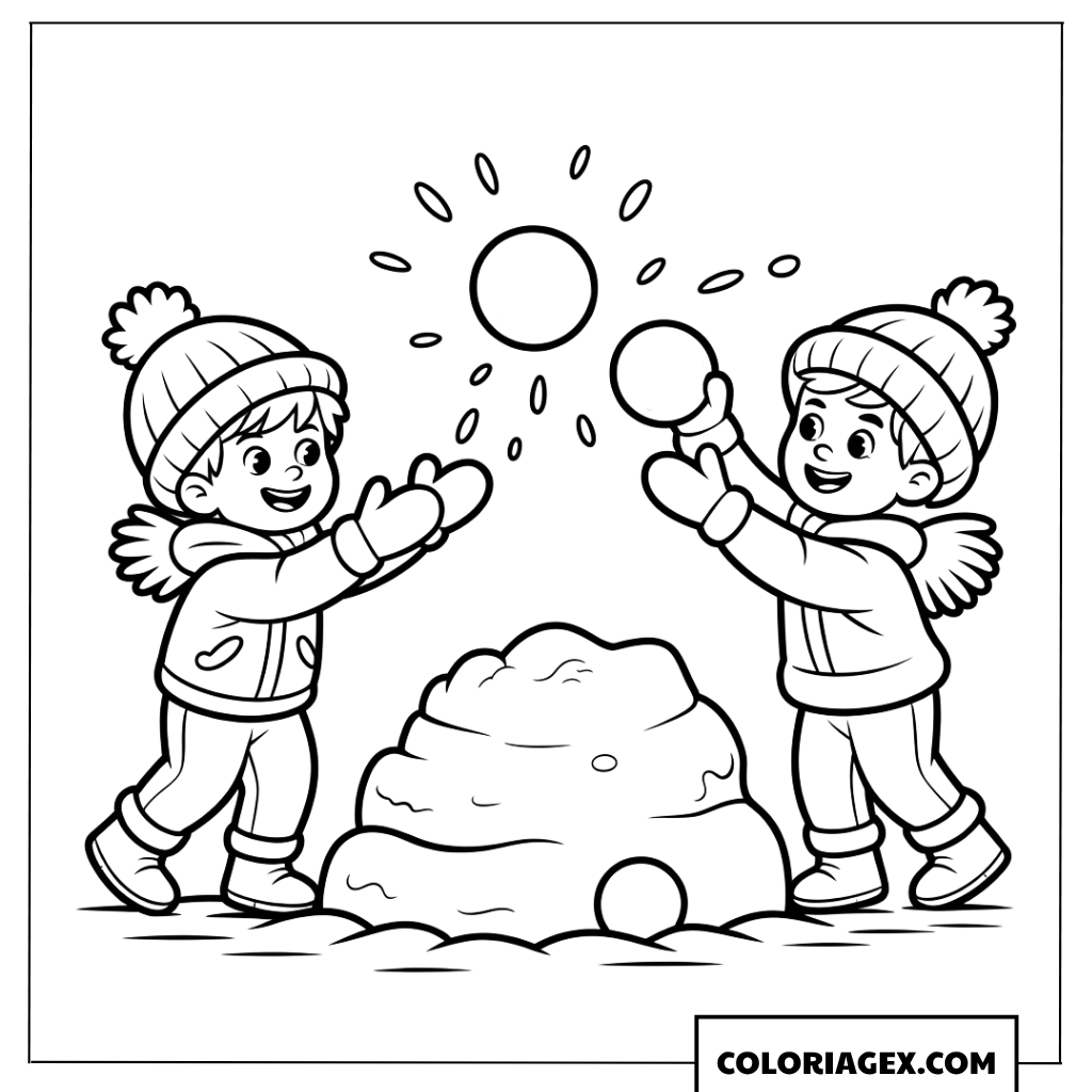Page de coloriage de deux enfants espiègles lançant des boules de neige