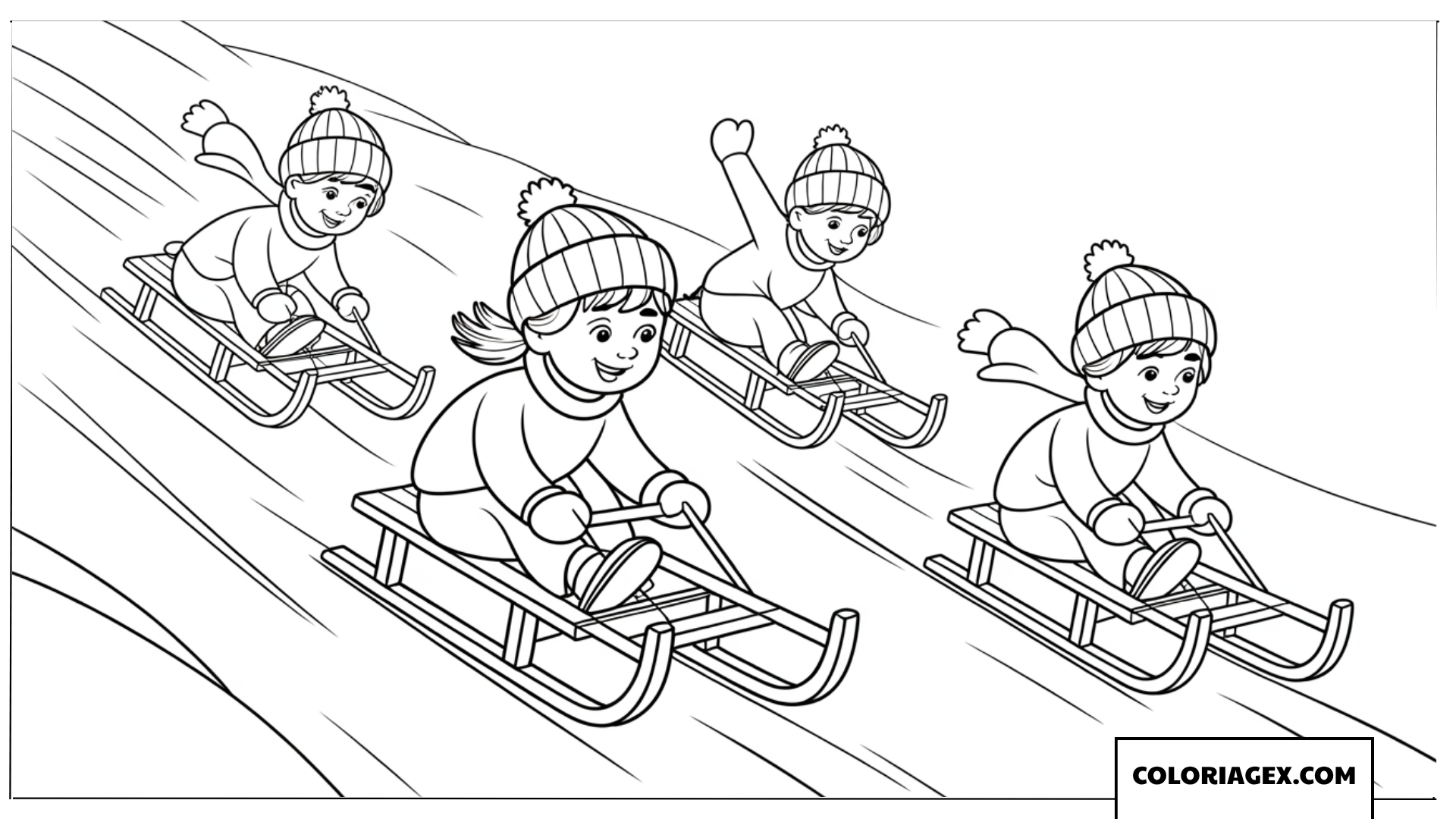 Page de coloriage d’enfants faisant de la luge sur une pente enneigée