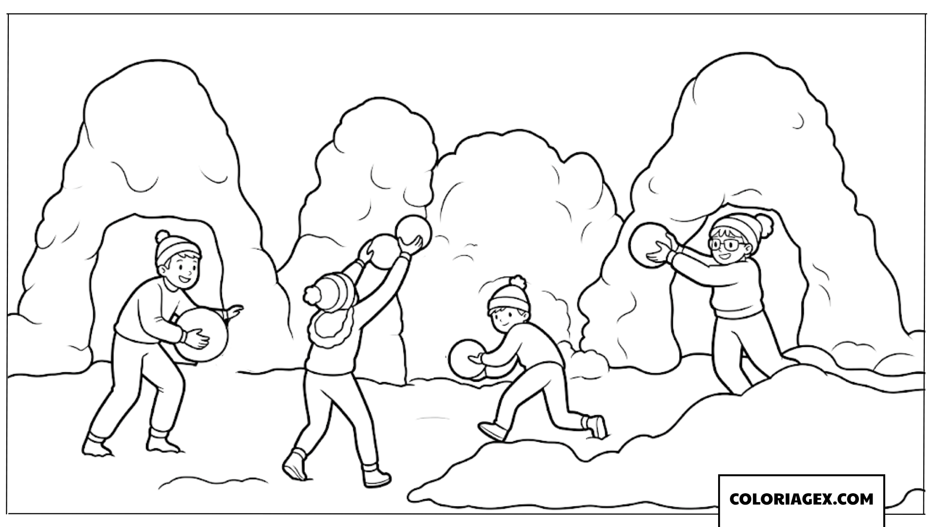 Page de coloriage d’enfants jouant et construisant une forteresse de neige