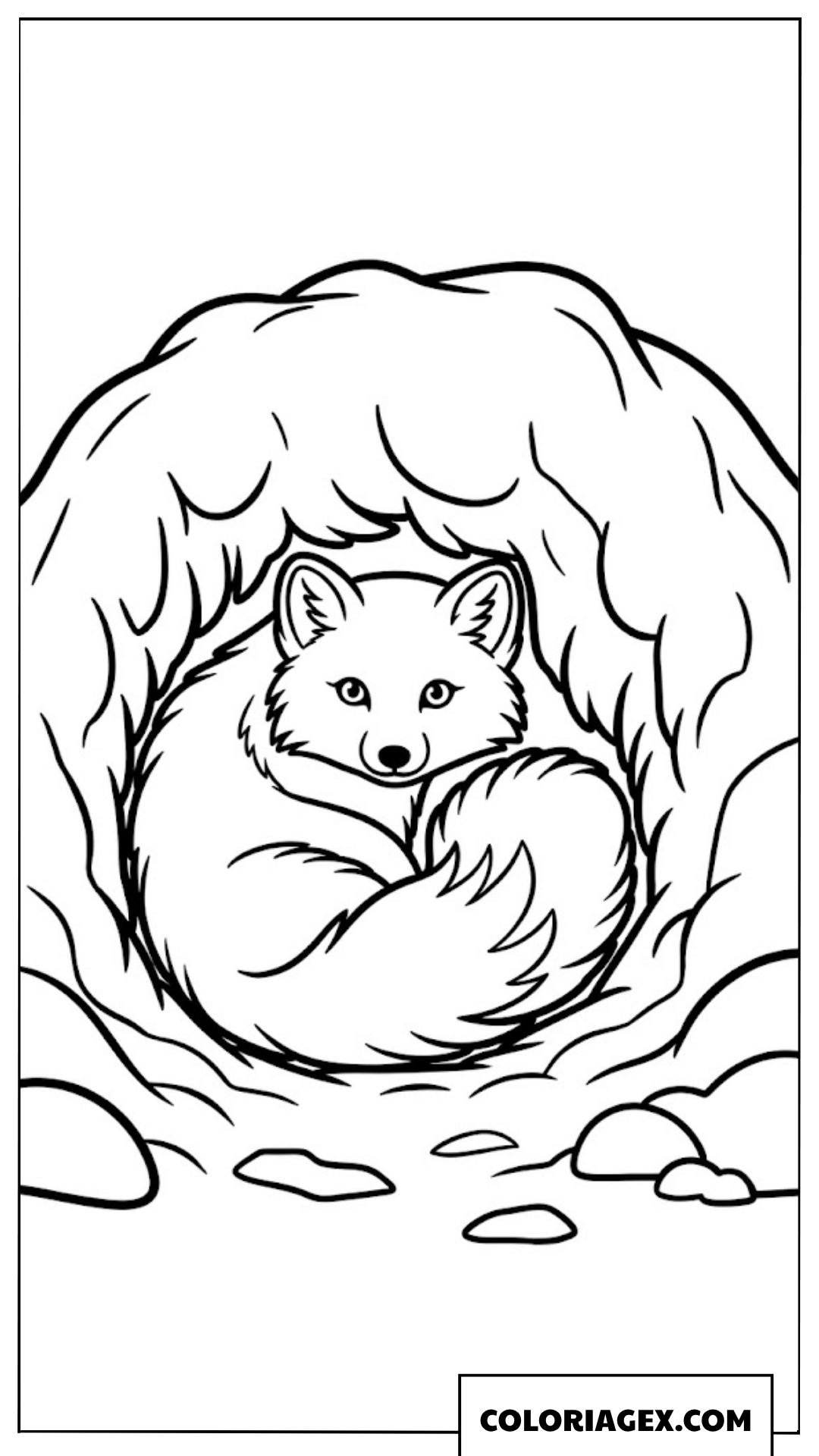 Page de coloriage d’un adorable renard arctique dormant dans une grotte de neige