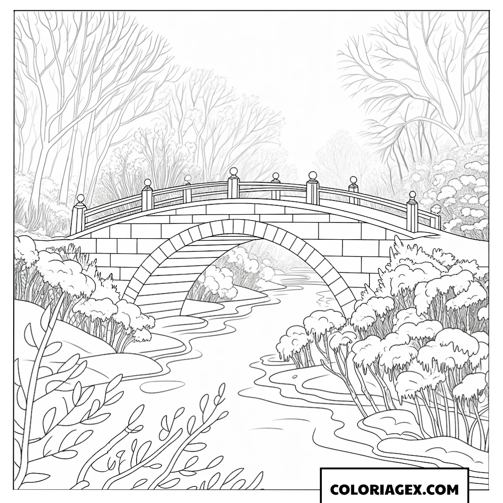 Page de coloriage d’un ancien pont en pierre traversant une rivière glacée en hiver