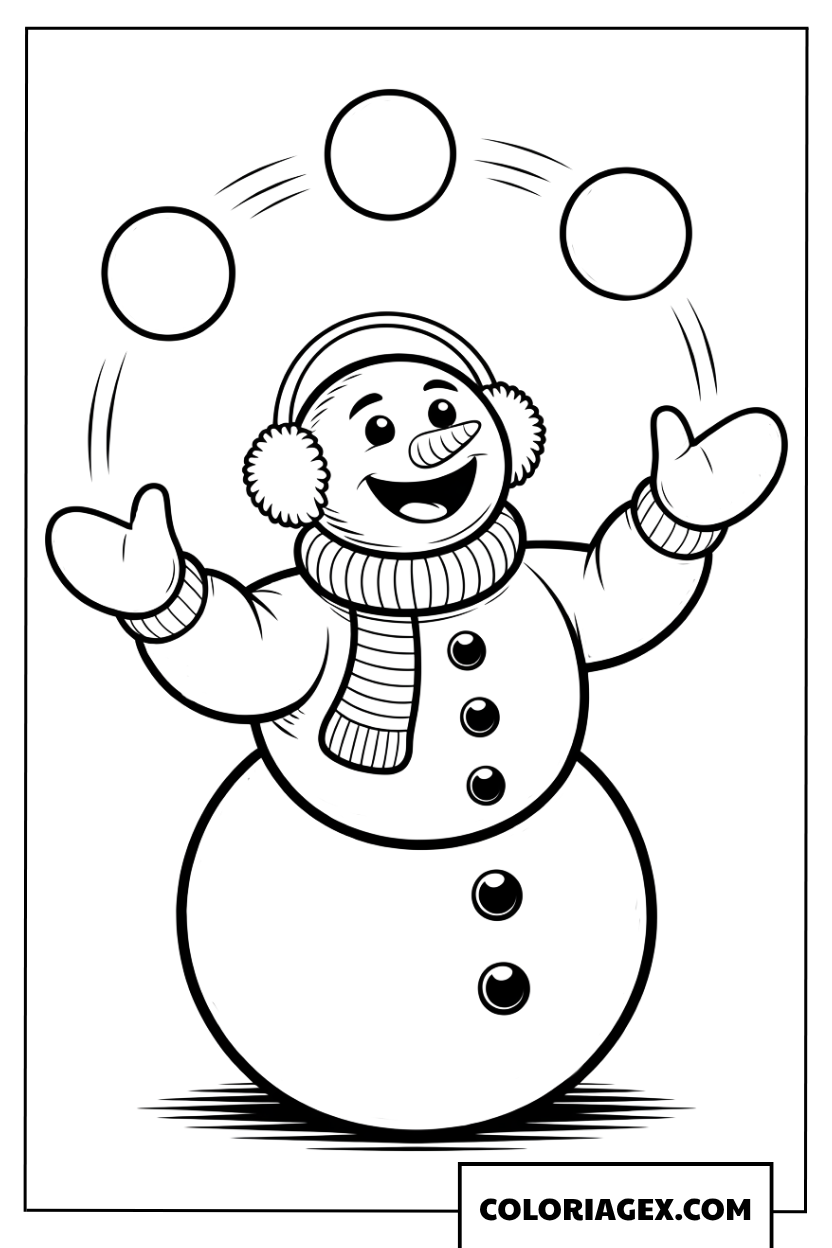 Page de coloriage d’un bonhomme de neige joyeux jonglant avec des boules de neige