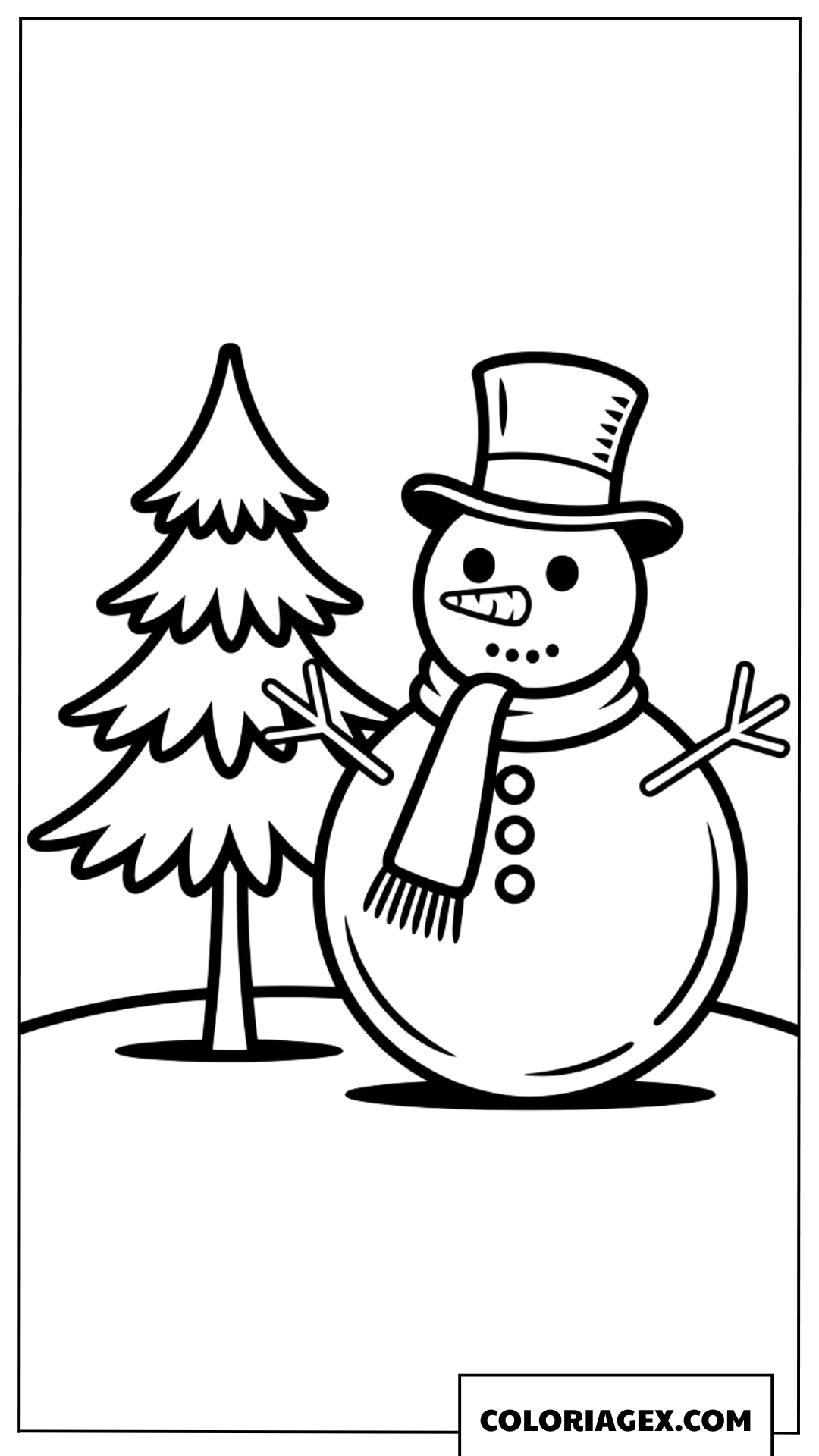 Page de coloriage d’un bonhomme de neige près d’un sapin de Noël simple pour enfants