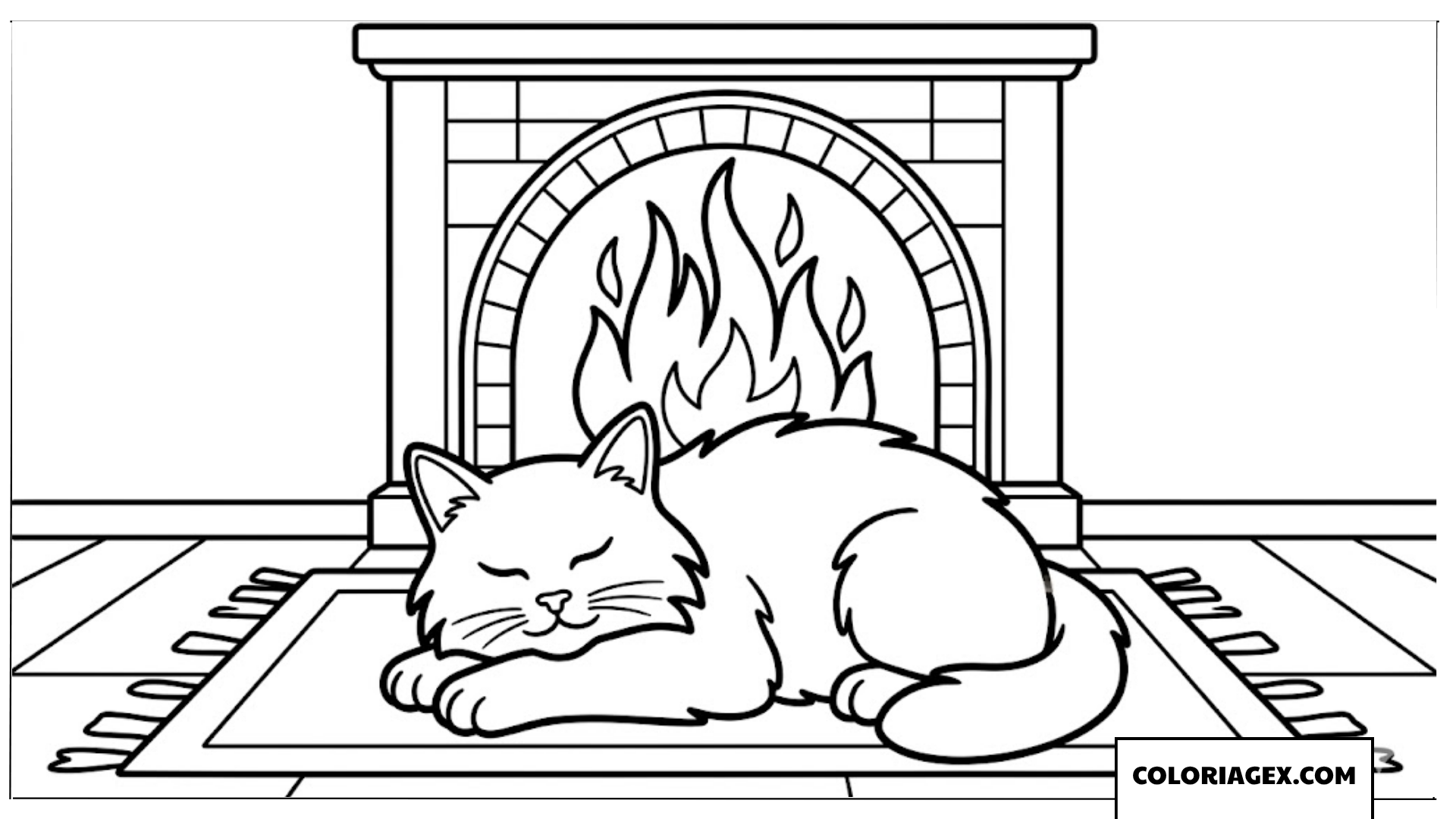 Page de coloriage d’un chaton dormant devant la cheminée