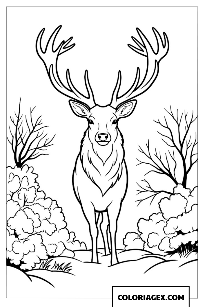 Page de coloriage d’un élan majestueux dans des buissons enneigés