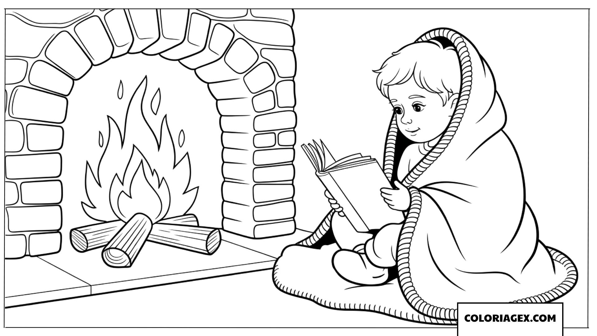 Page de coloriage d’un enfant lisant sous une couverture près de la cheminée