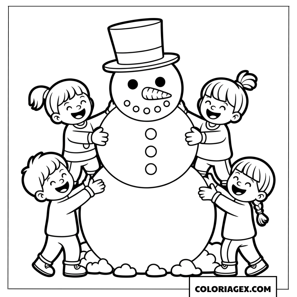 Page de coloriage d’un groupe d’enfants autour d’un bonhomme de neige adorable
