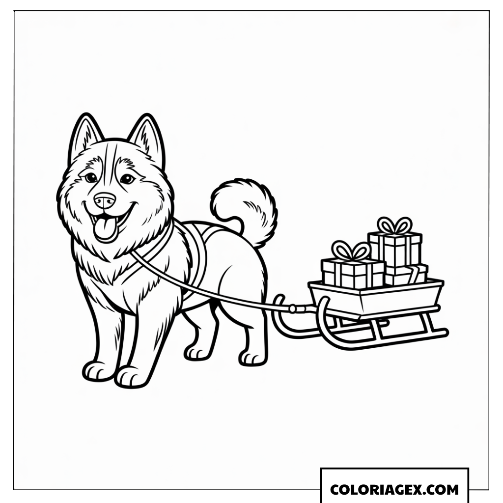 Page de coloriage d’un husky tirant un traîneau de cadeaux de Noël