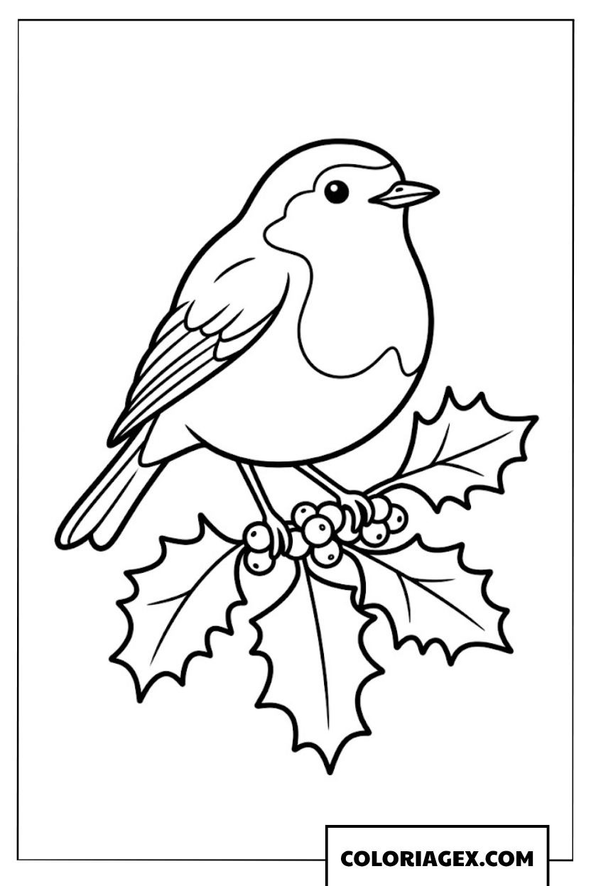 Page de coloriage d’un petit oiseau sur une branche d’hiver avec baies