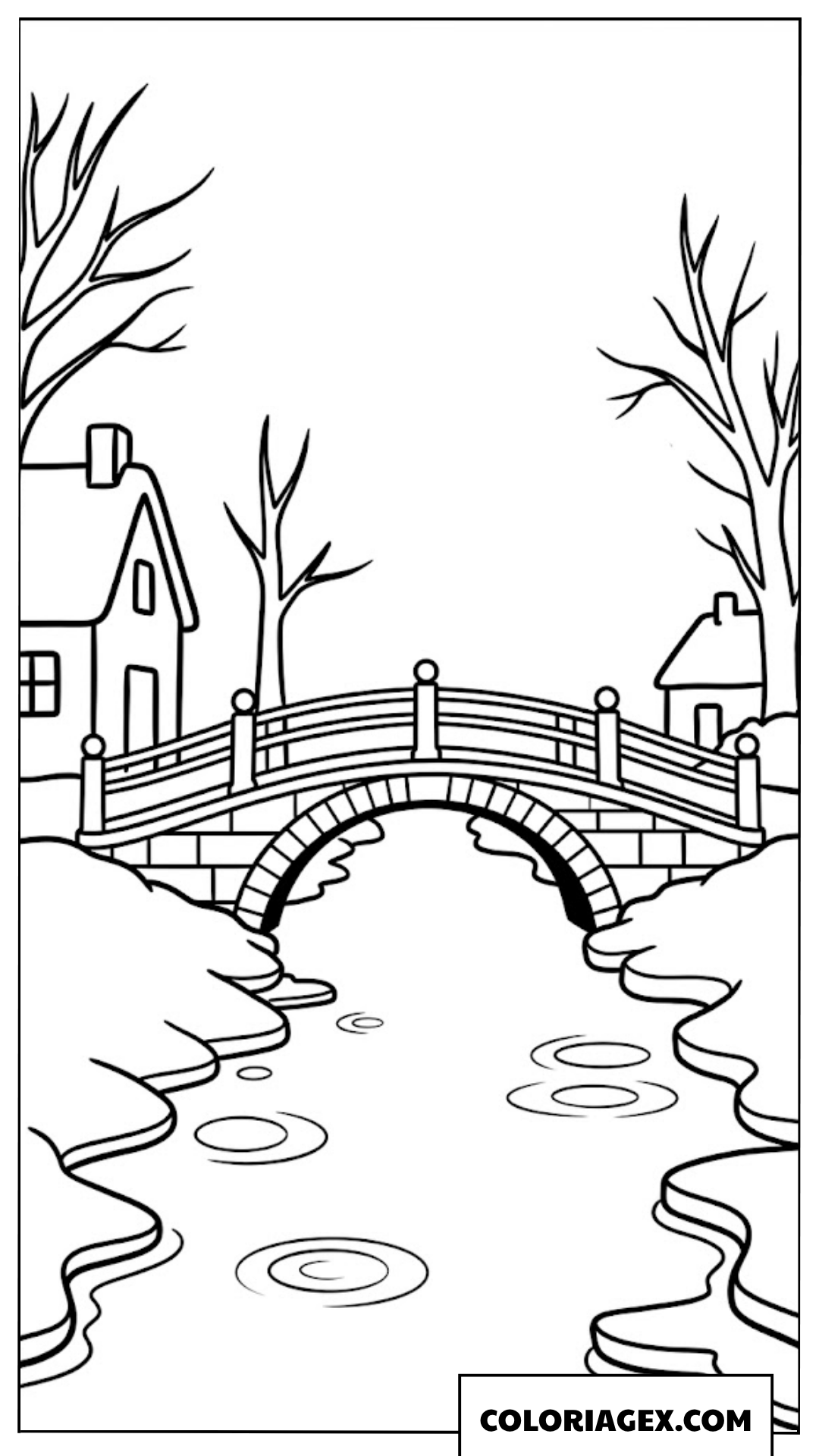 Page de coloriage d’un pont en bois au-dessus d’une rivière calme en hiver