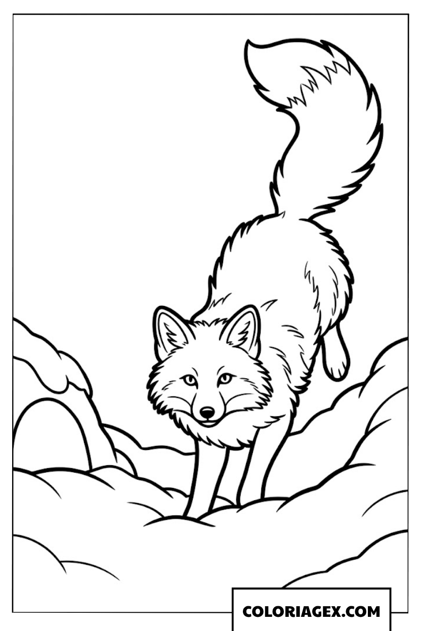 Page de coloriage d’un renard arctique marchant dans la neige