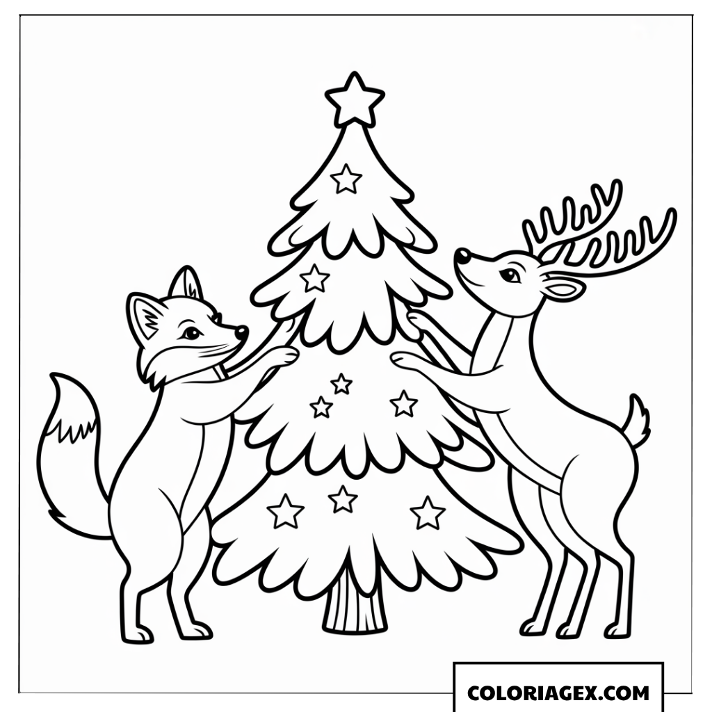 Page de coloriage d’un renard et d’un renne décorant un sapin de Noël