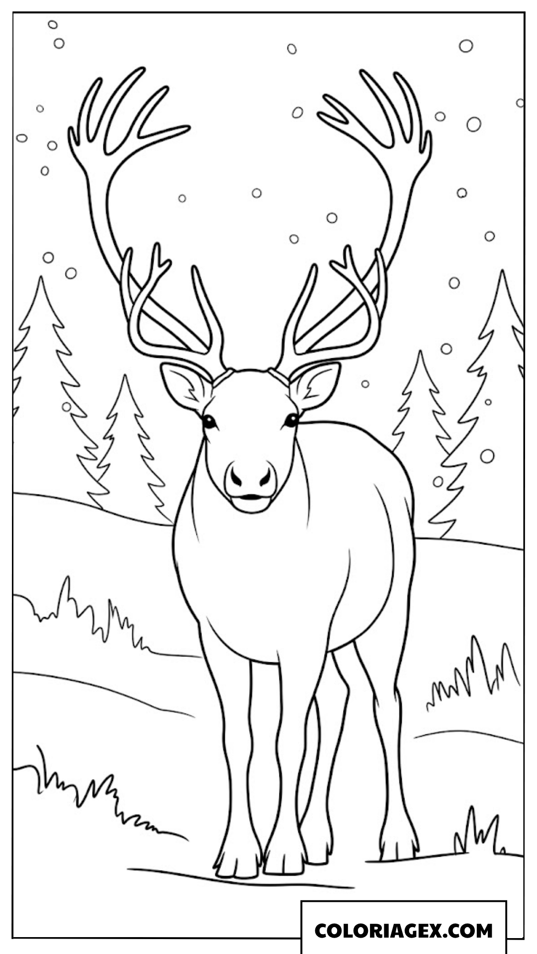 Page de coloriage d’un renne fier debout dans une forêt de pins sous la neige