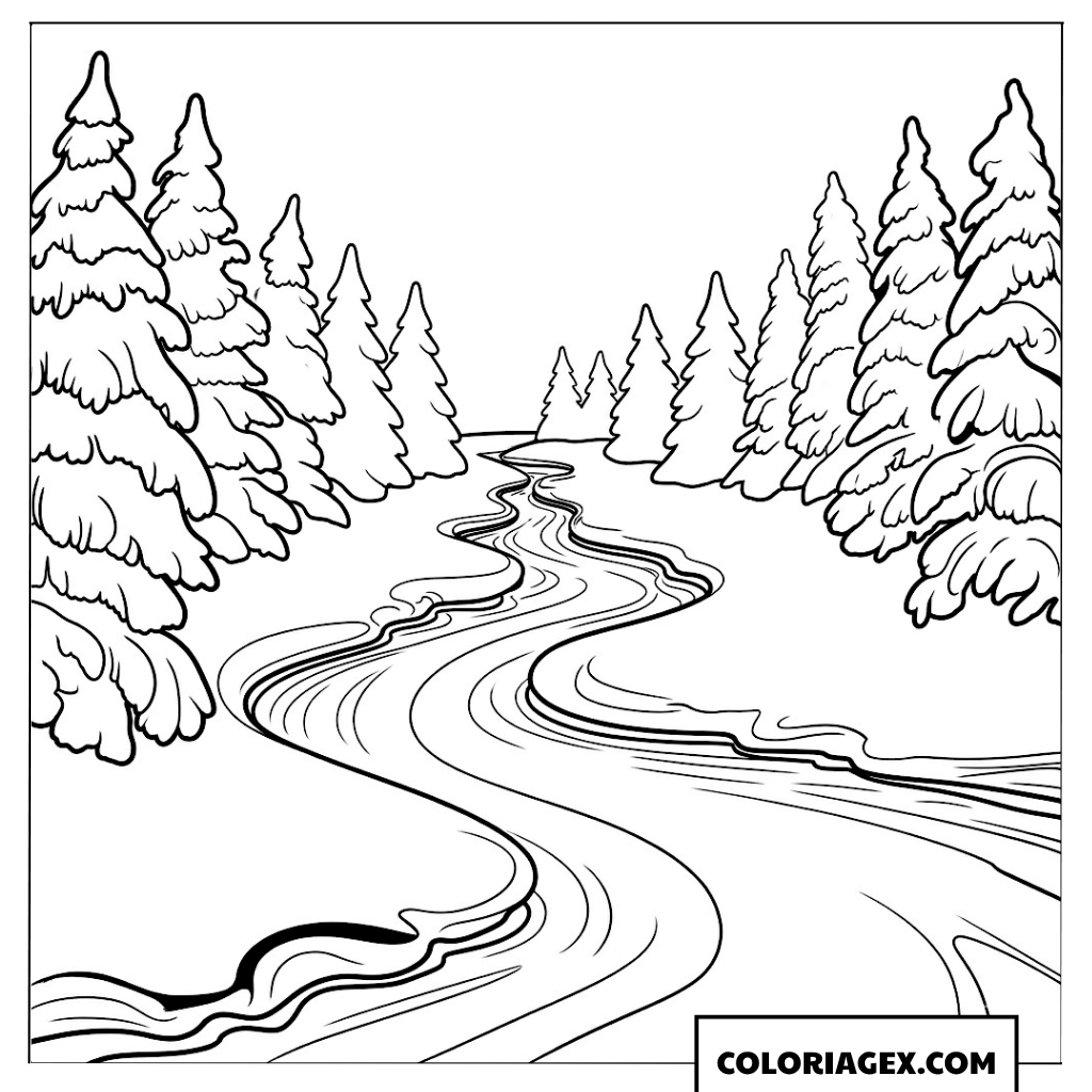 Page de coloriage d’un ruisseau sinueux dans une forêt de pins hivernale recouverte de neige