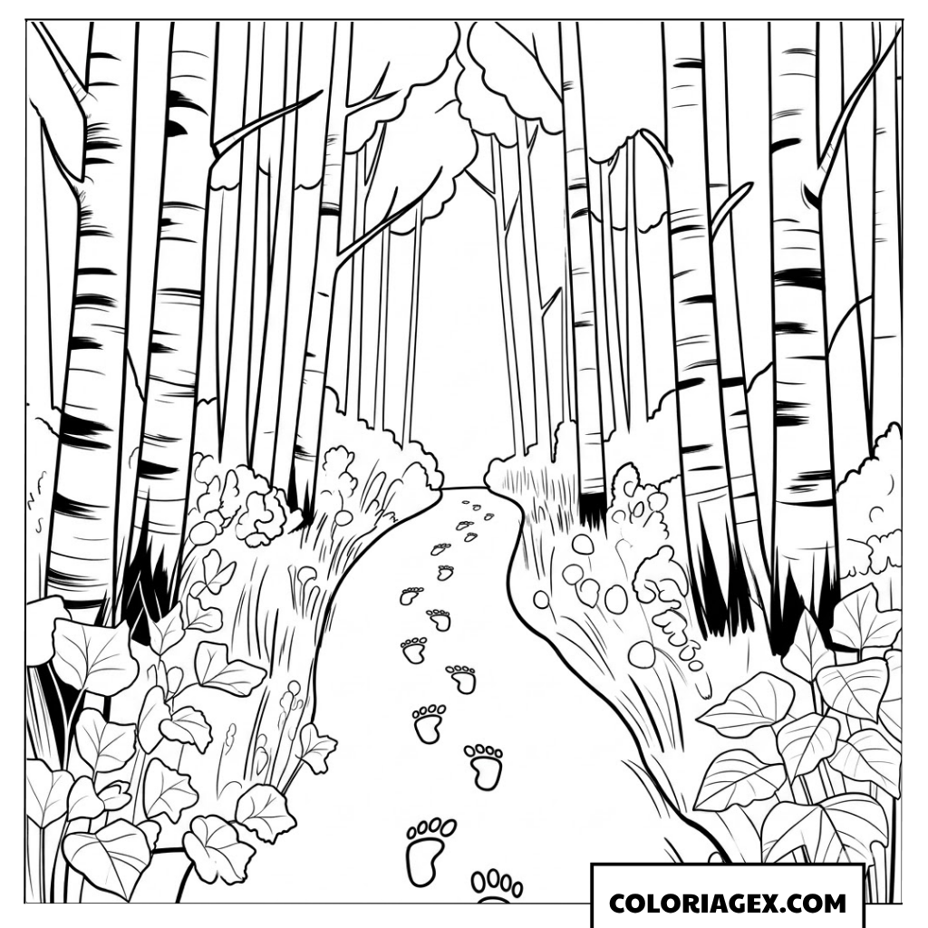 Page de coloriage d’un sentier forestier enneigé avec empreintes de pas