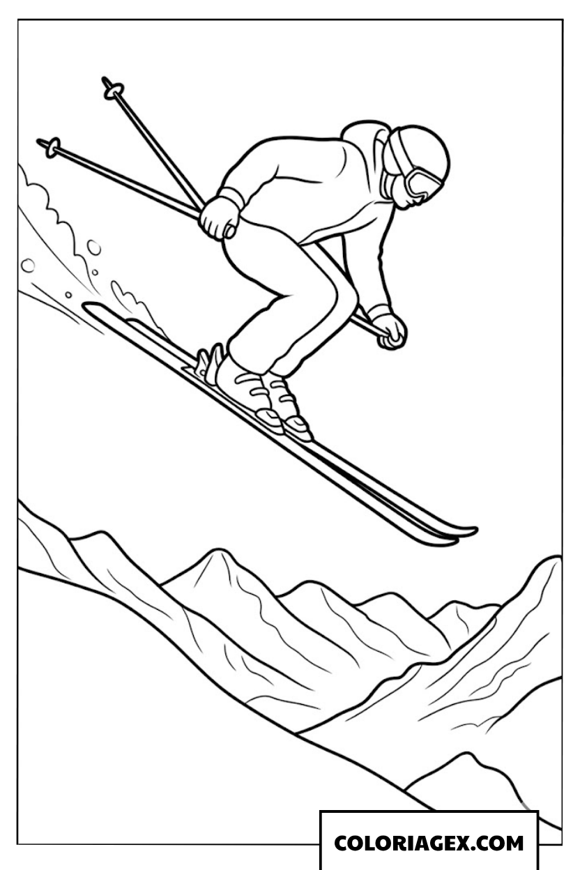 Page de coloriage d’un skieur dévalant une pente enneigée