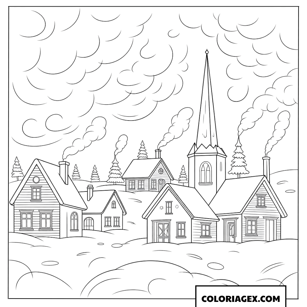 Page de coloriage d’un village d’hiver paisible sous la neige