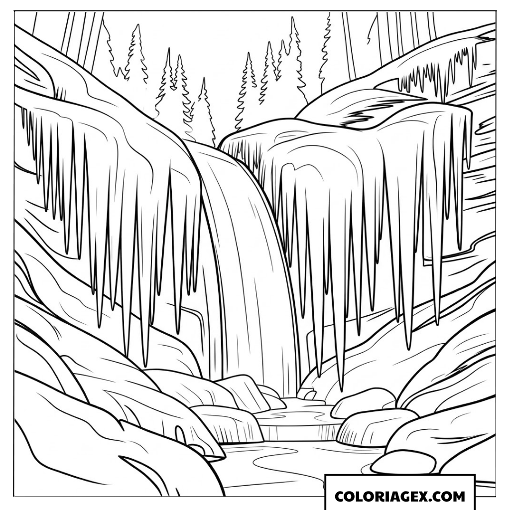 Page de coloriage d’une cascade gelée scintillante en forêt hivernale