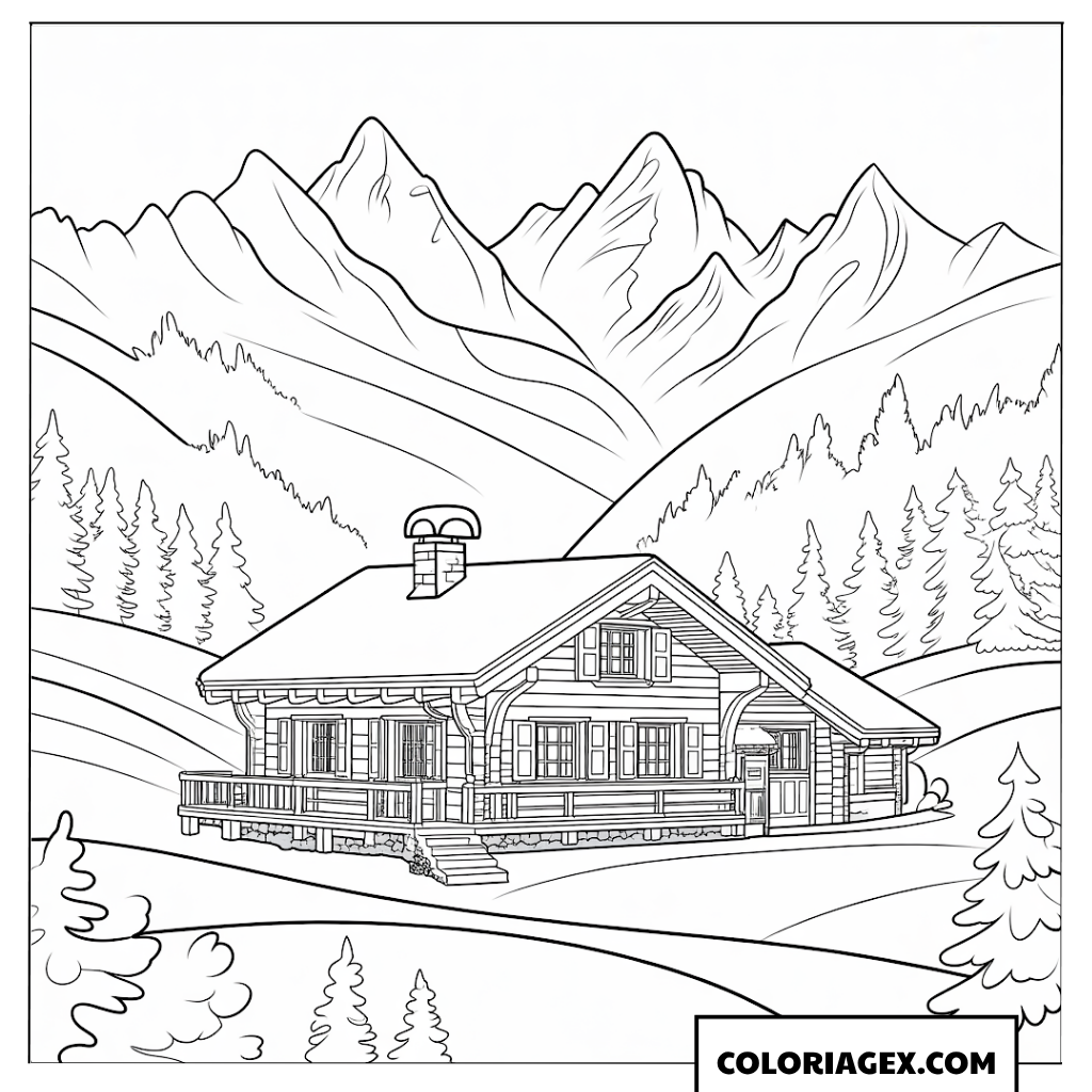 Page de coloriage d’une chaleureuse maison en bois dans une vallée de montagnes enneigées majestueuses