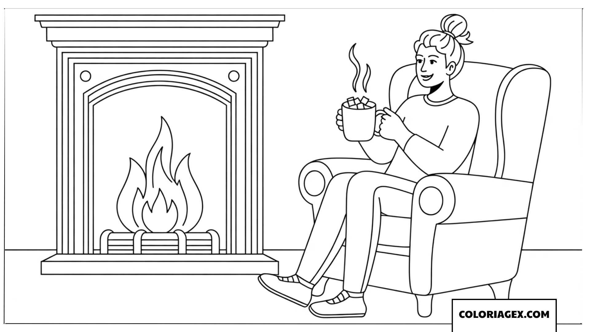 Page de coloriage d’une jeune fille se relaxant avec un chocolat chaud près de la cheminée en hiver