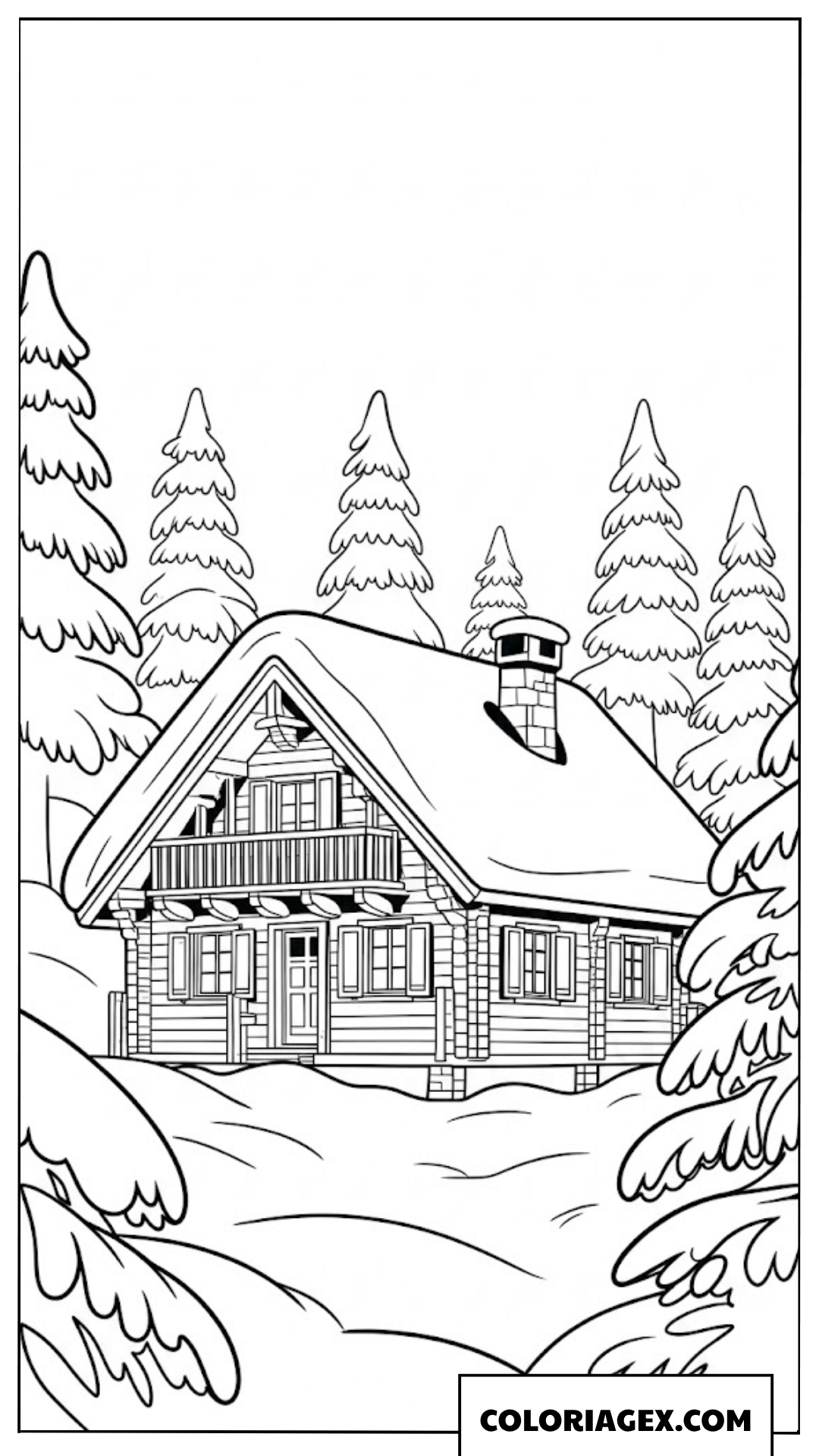 Page de coloriage d’une maison en bois paisible dans une forêt de pins enneigée