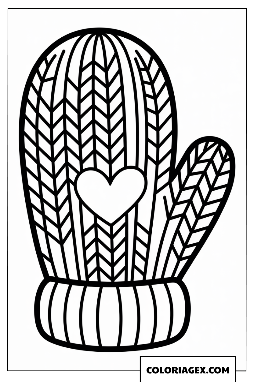 Page de coloriage d’une moufle en laine avec motif cœur