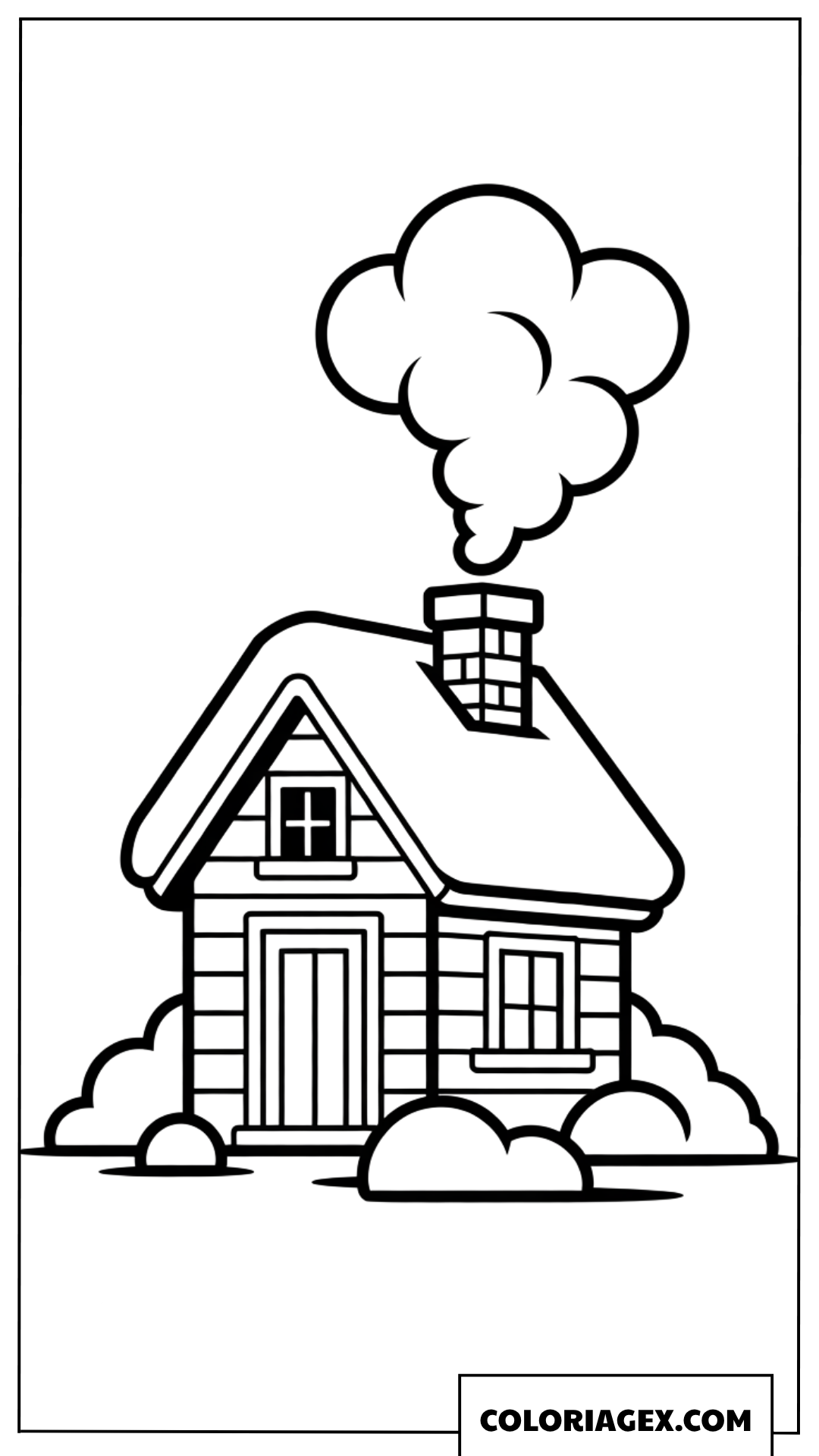 Page de coloriage d’une petite maison fumante chaleureuse en hiver