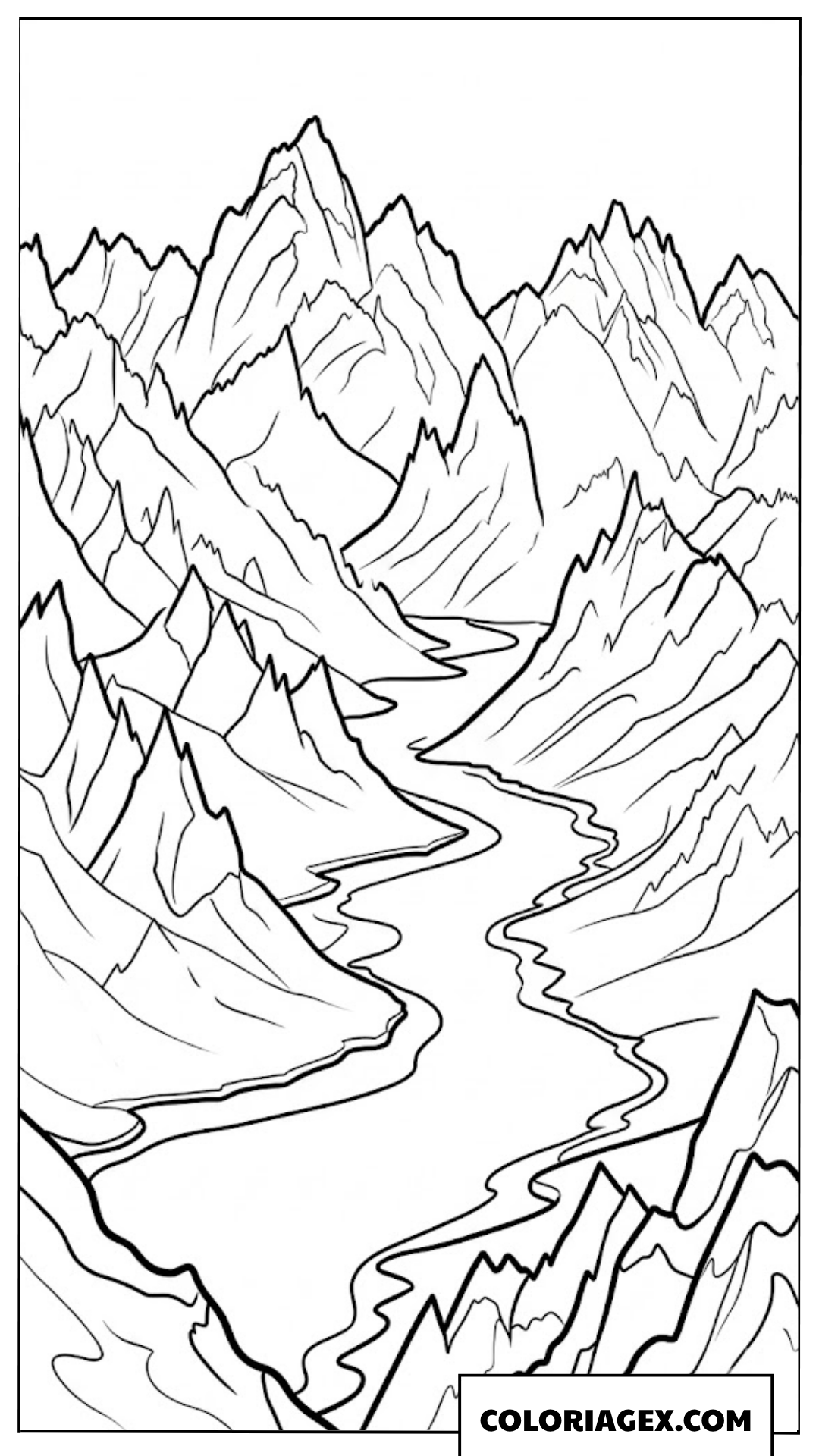 Page de coloriage d’une rivière serpentant dans un canyon rocheux enneigé