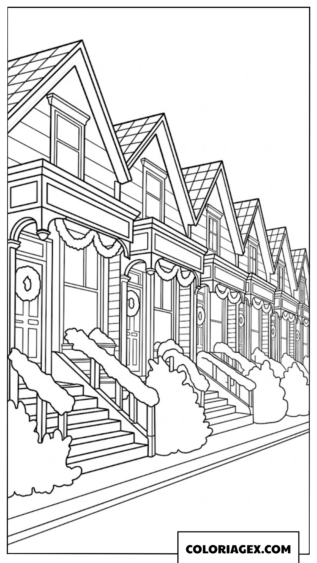 Page de coloriage d’une rue ancienne recouverte de neige