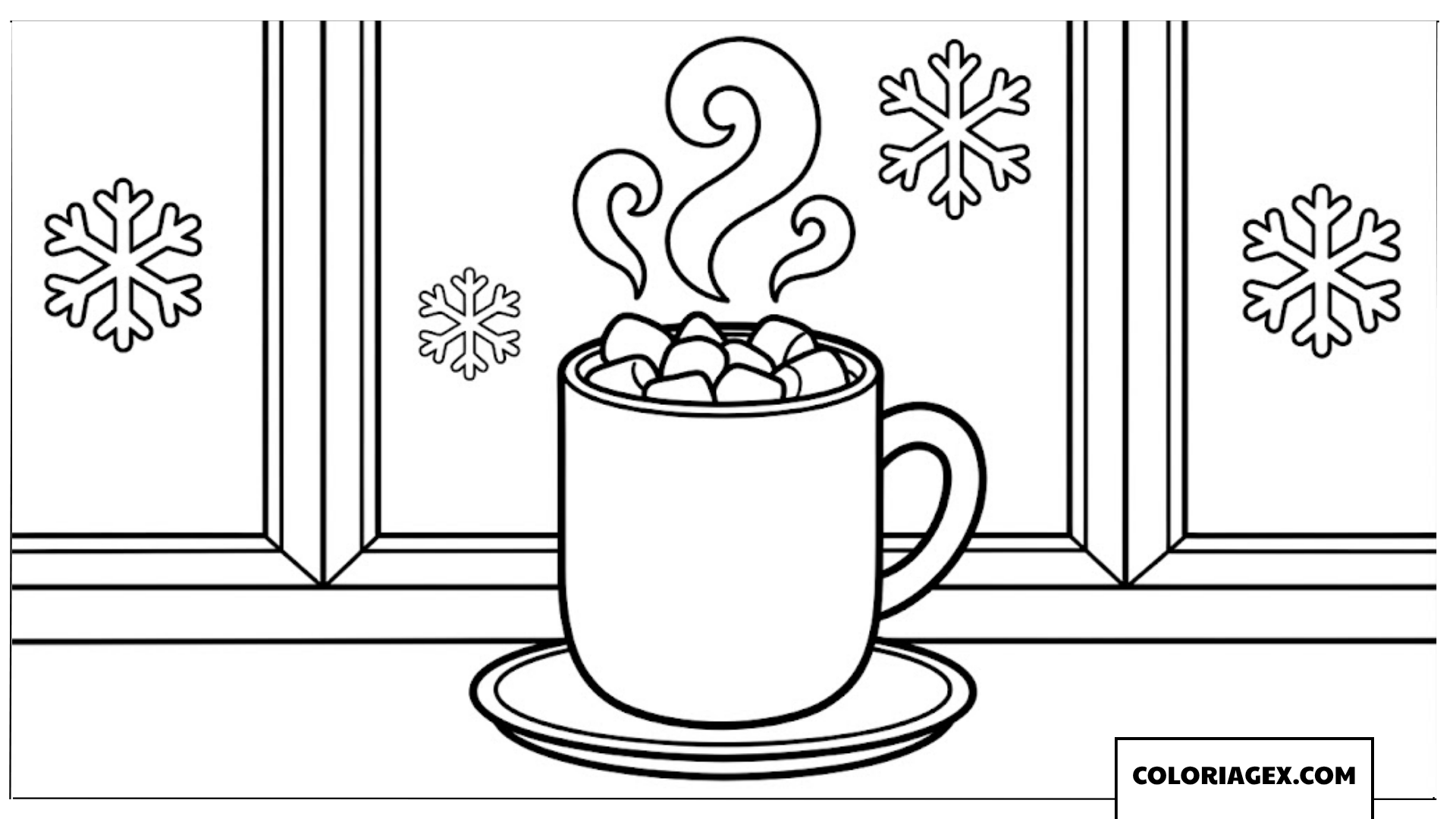 Page de coloriage d’une tasse de chocolat chaud près d’une fenêtre enneigée