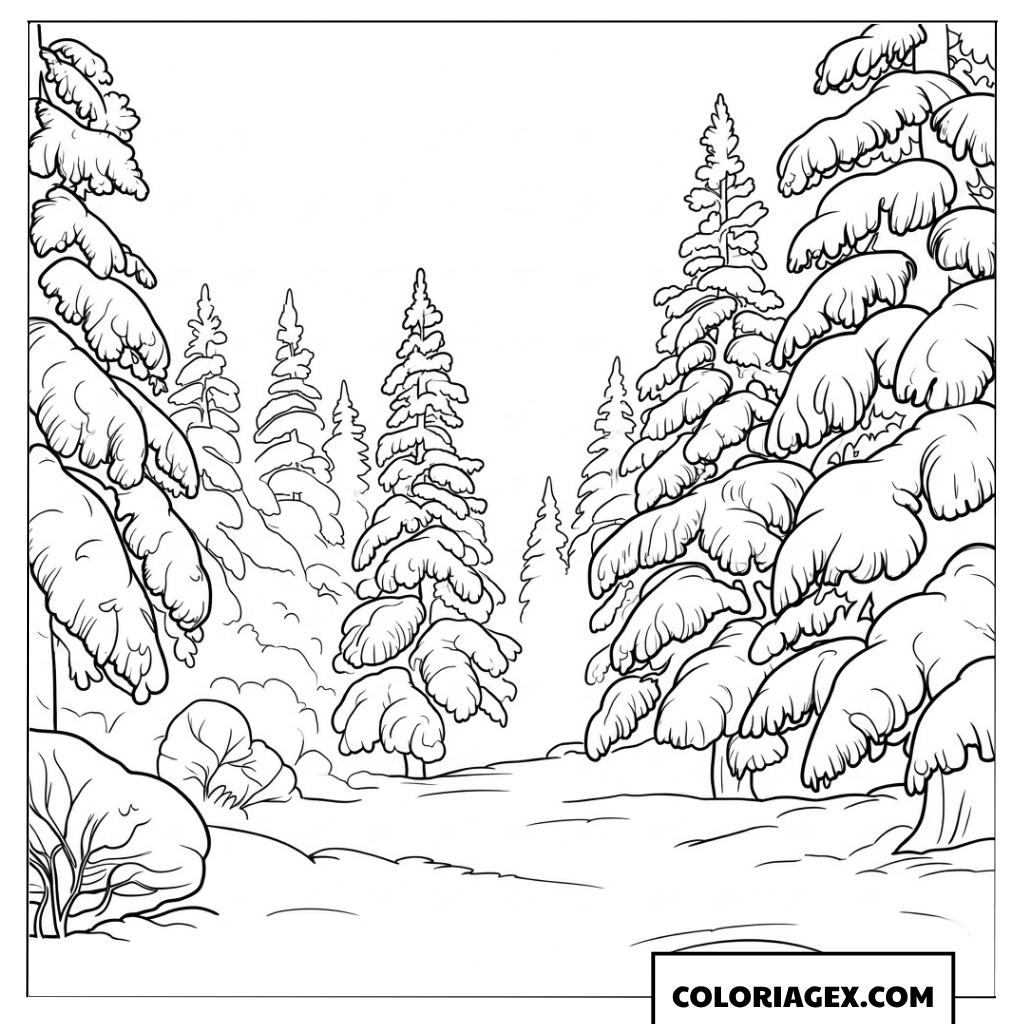 Page de coloriage d’une vallée enneigée paisible entre des sapins d’hiver