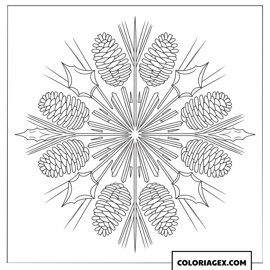 Page de coloriage mandala avec flocon de neige et pommes de pin